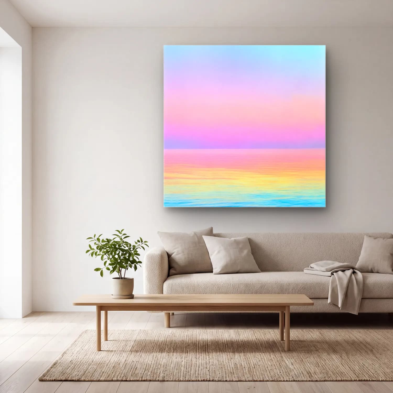 Pastel Sakin Deniz Ufku No. 8 cam tablo — açık renk salonda