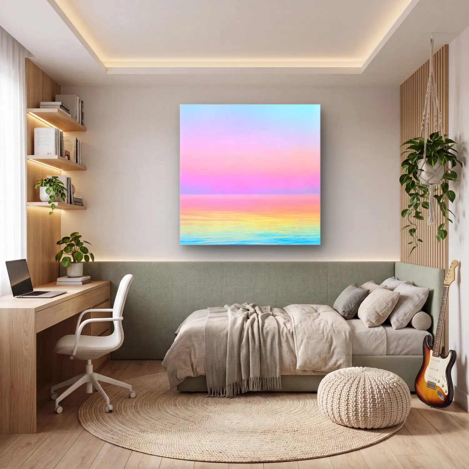 Pastel Sakin Deniz Ufku No. 8 cam tablo — genç odasında