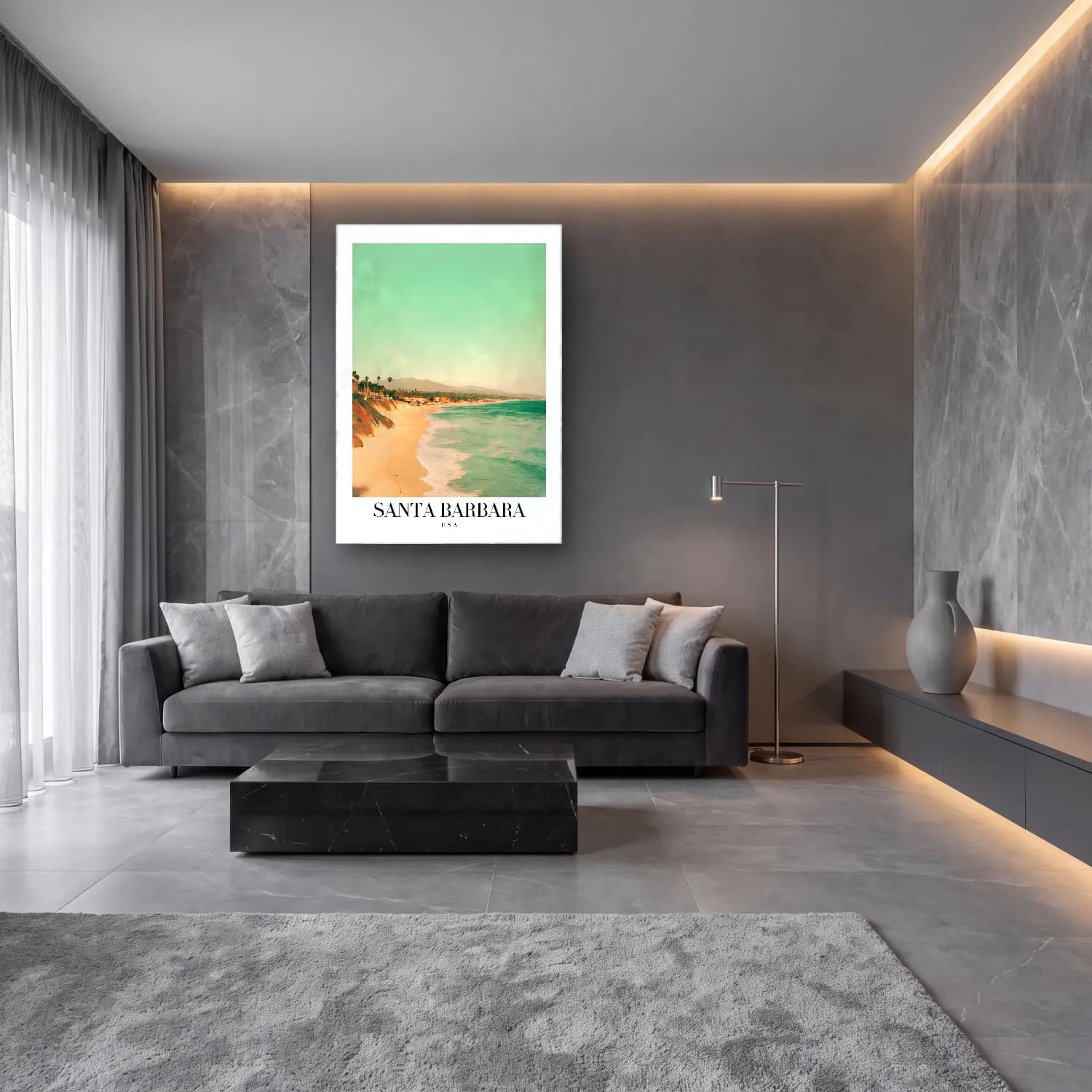 Pastel Dalgalı Sahil No. 26 cam tablo — lüks salon duvarında
