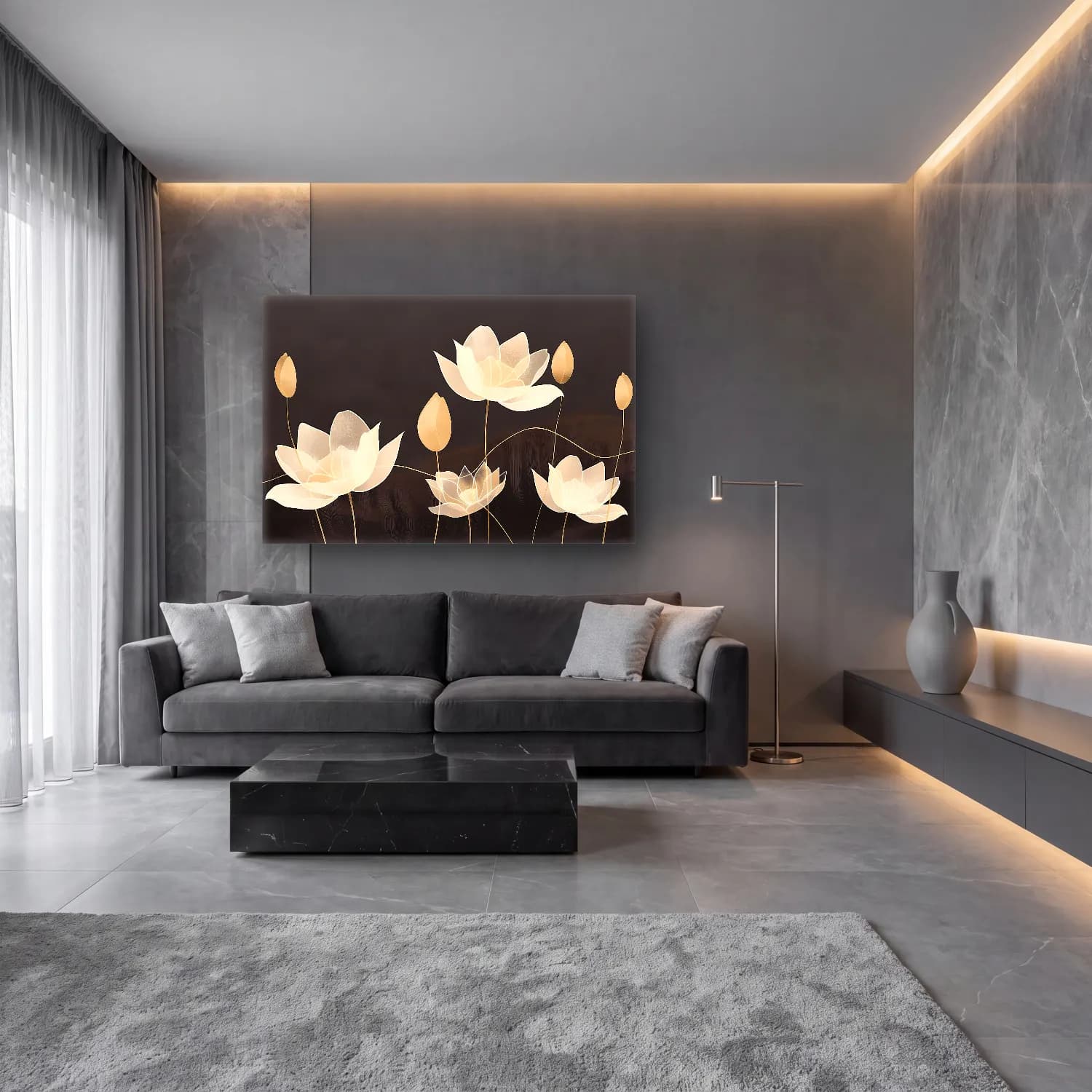 Modern Soyut Lotus Çiçekleri cam tablo — lüks salon duvarında