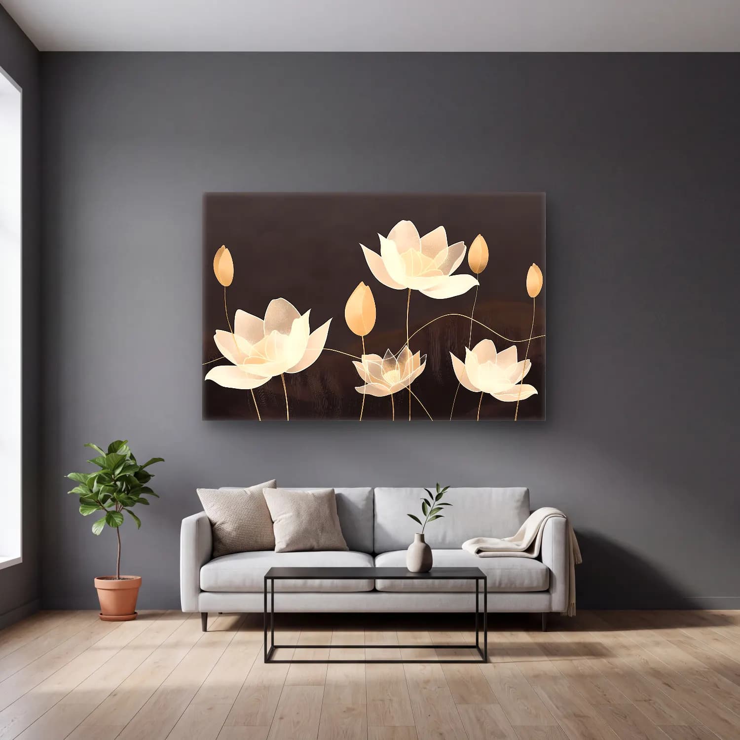 Modern Soyut Lotus Çiçekleri cam tablo — gri duvarlı salonda