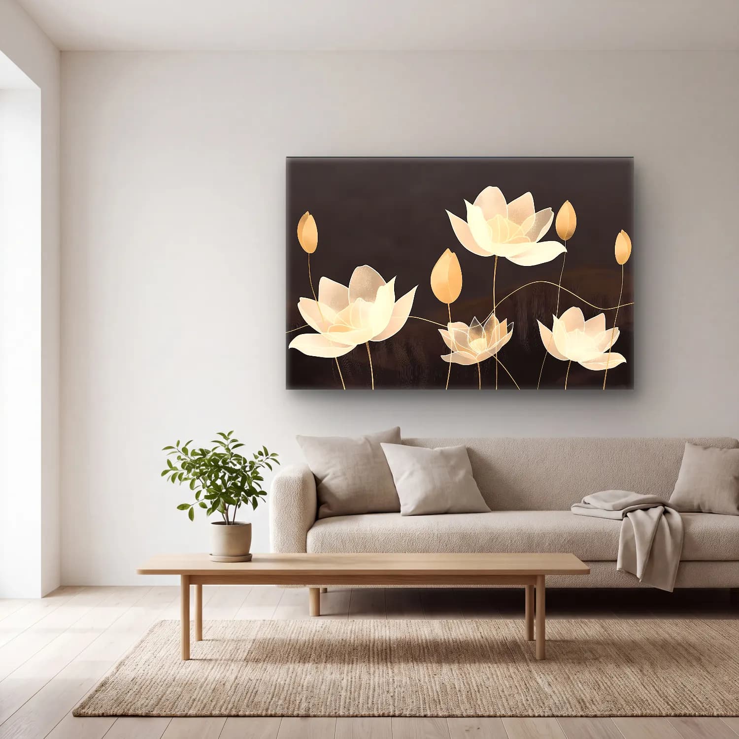 Modern Soyut Lotus Çiçekleri cam tablo — açık renk salonda
