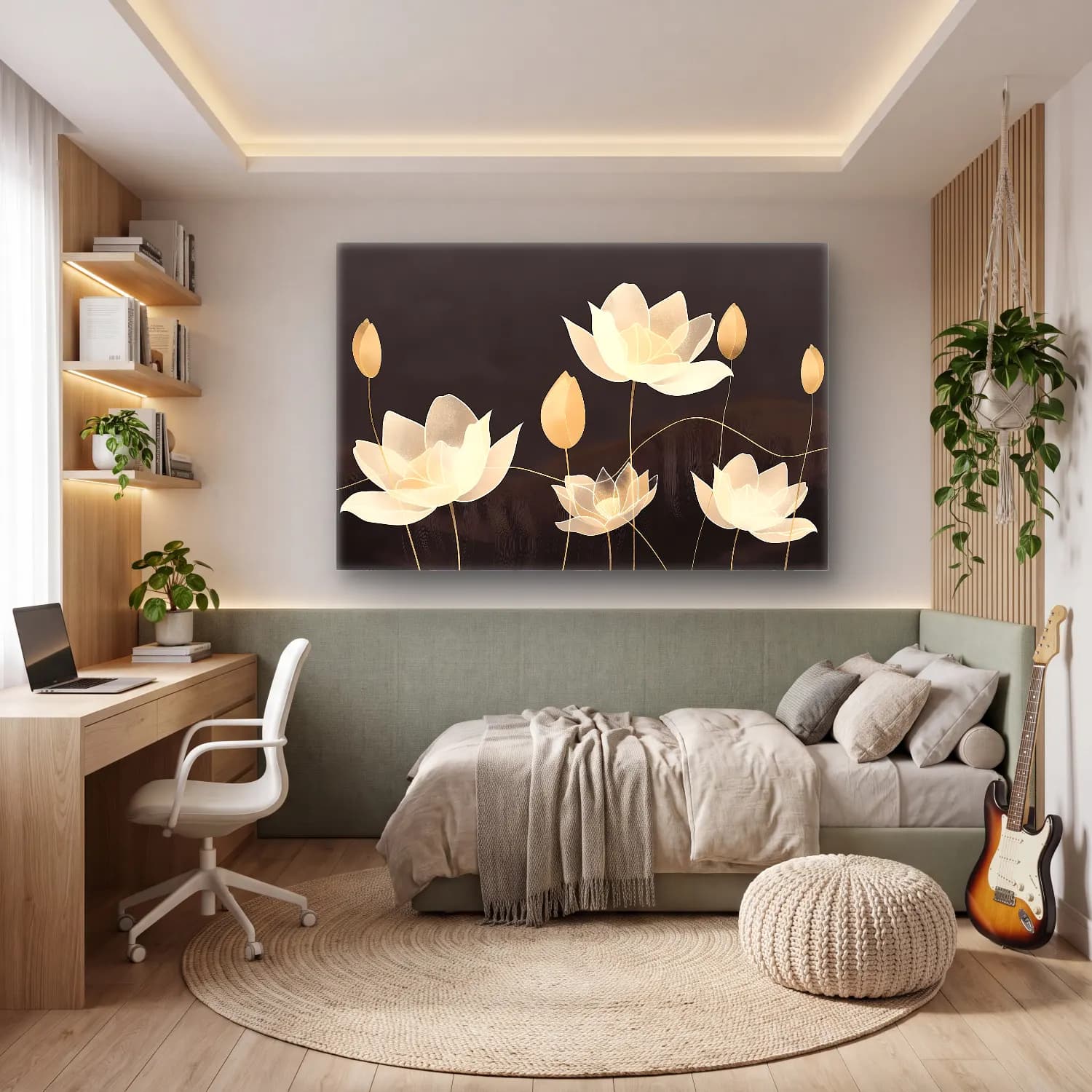 Modern Soyut Lotus Çiçekleri cam tablo — genç odasında