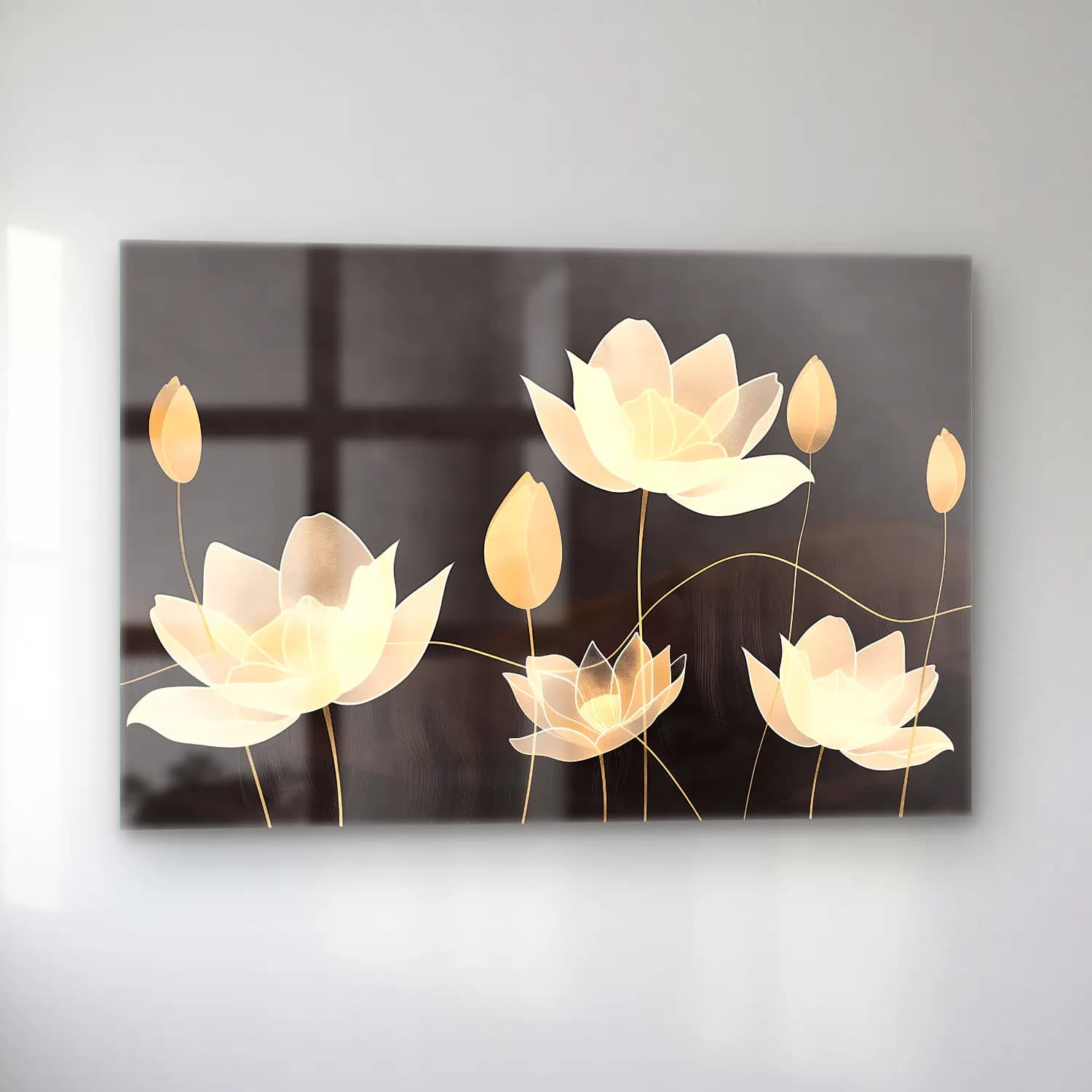 Modern Soyut Lotus Çiçekleri cam tablo — sol açıdan görünüm