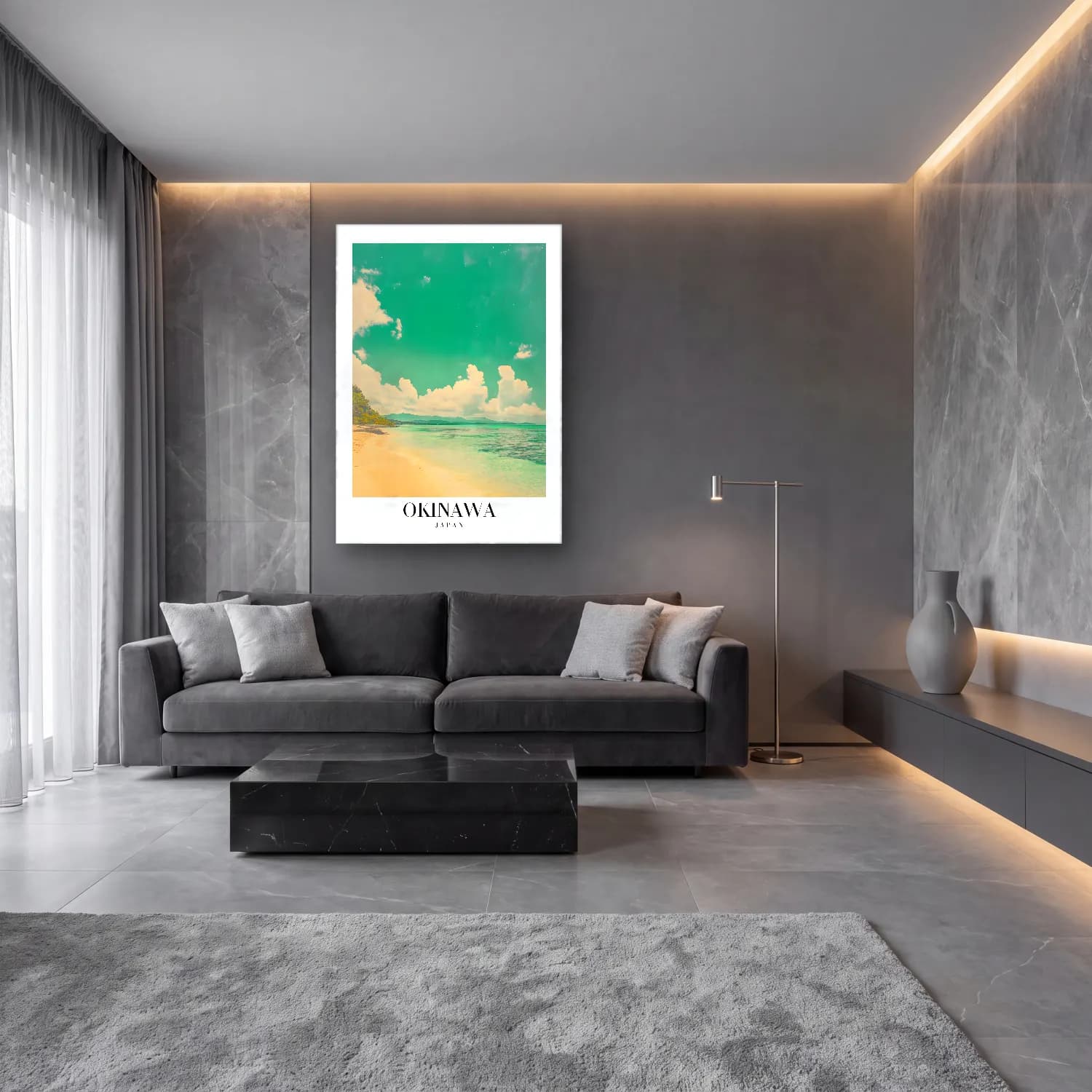 Pastel Dalgalı Sahil No. 28 cam tablo — lüks salon duvarında