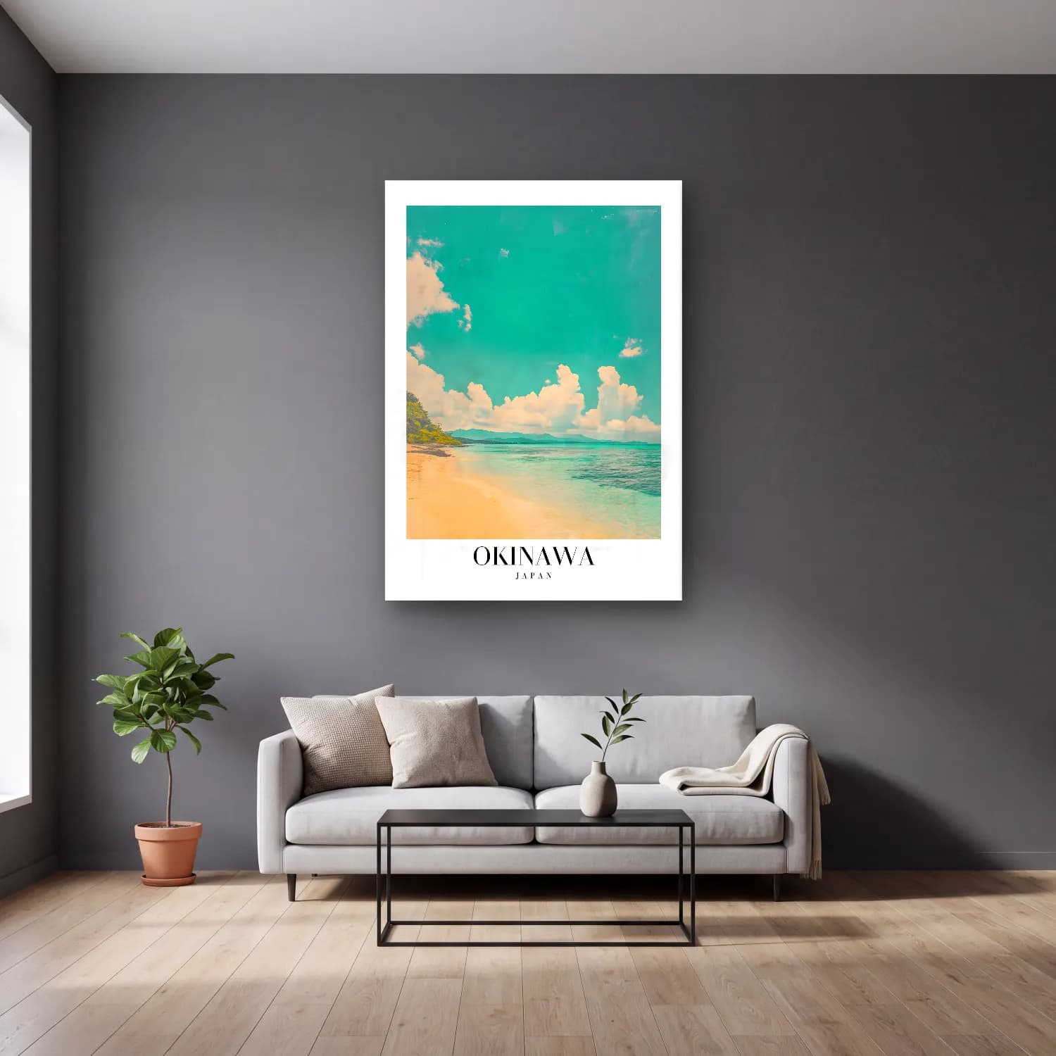 Pastel Dalgalı Sahil No. 28 cam tablo — gri duvarlı salonda