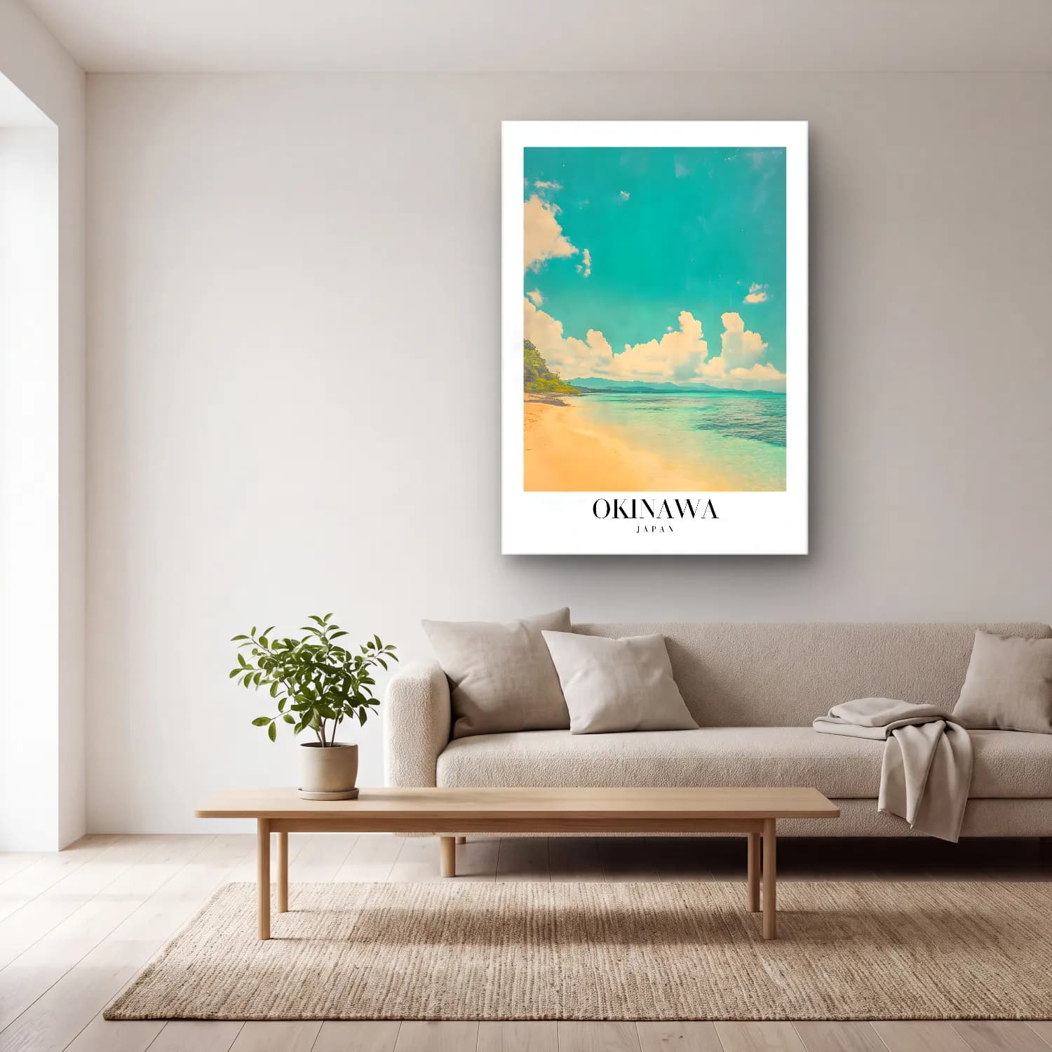 Pastel Dalgalı Sahil No. 28 cam tablo — açık renk salonda