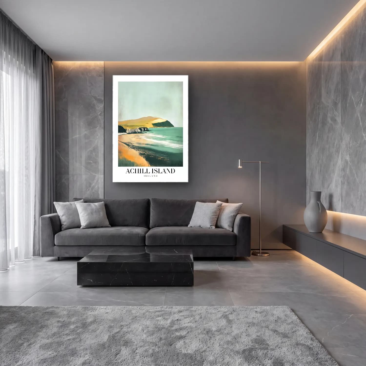 Pastel Dalgalı Sahil No. 32 cam tablo — lüks salon duvarında