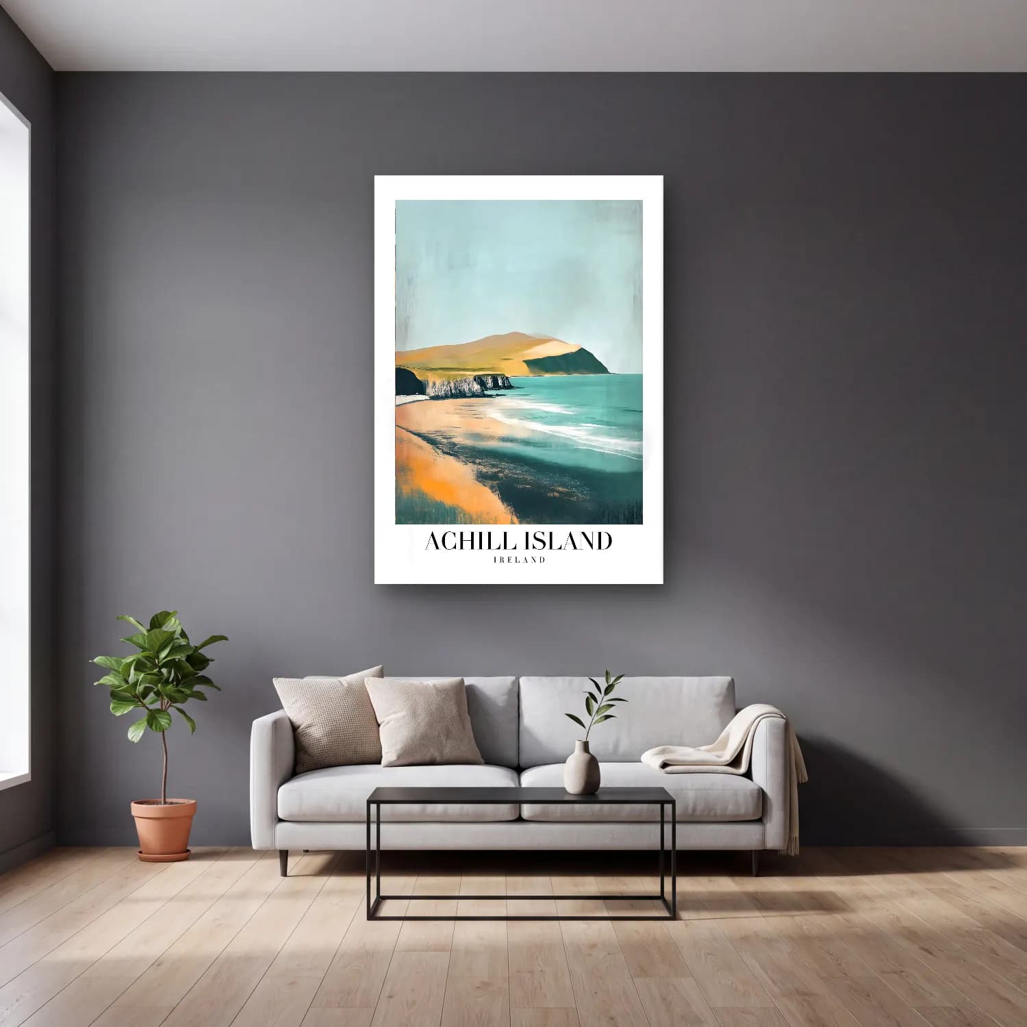 Pastel Dalgalı Sahil No. 32 cam tablo — gri duvarlı salonda
