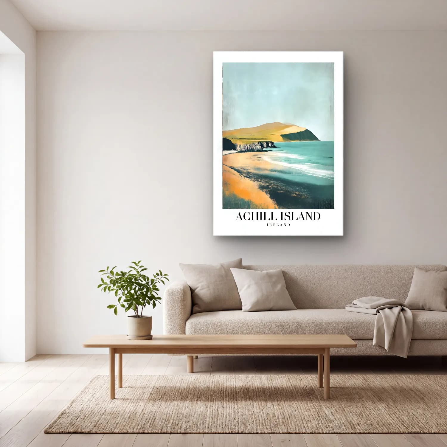 Pastel Dalgalı Sahil No. 32 cam tablo — açık renk salonda