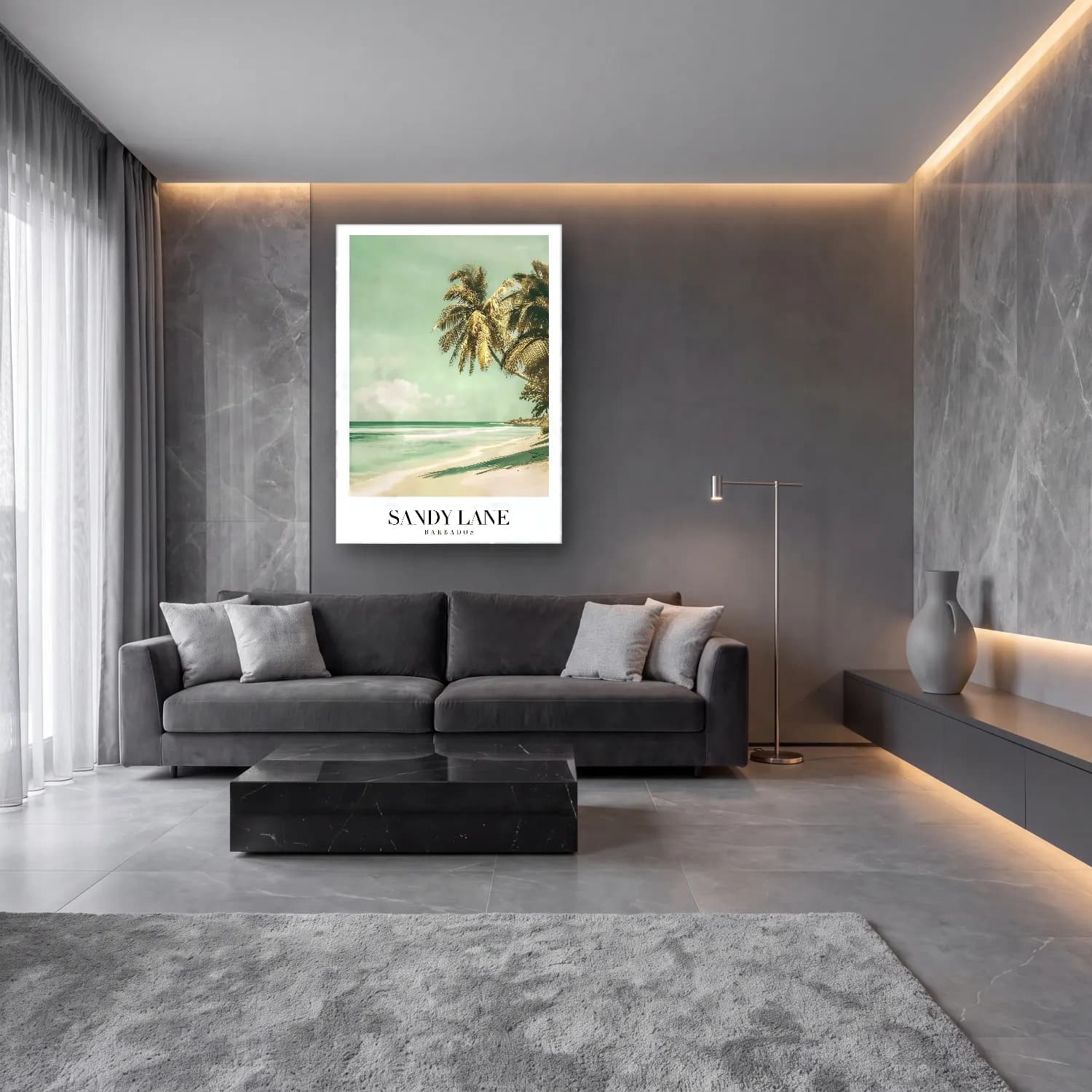 Pastel Palmiyeli Tropik Sahil No. 49 cam tablo — lüks salon duvarında