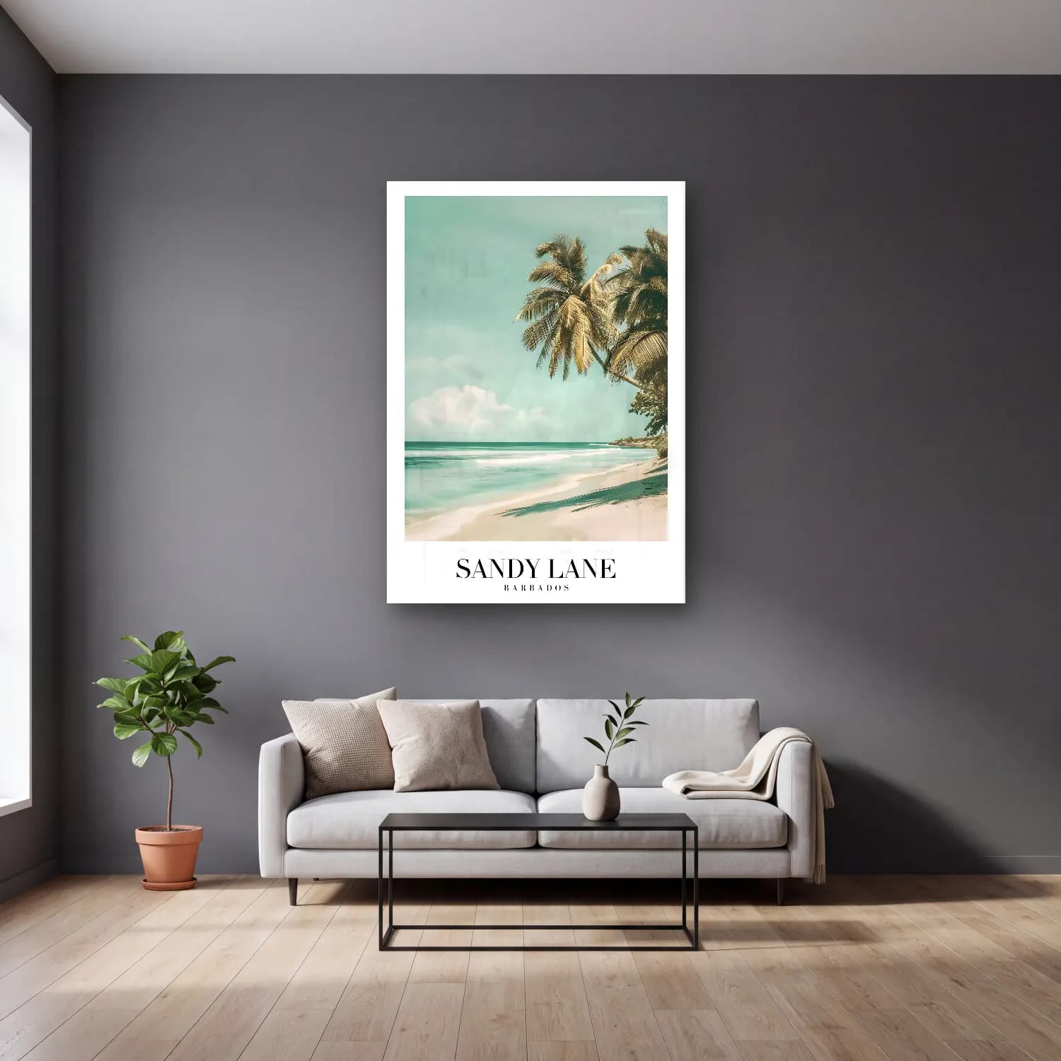 Pastel Palmiyeli Tropik Sahil No. 49 cam tablo — gri duvarlı salonda