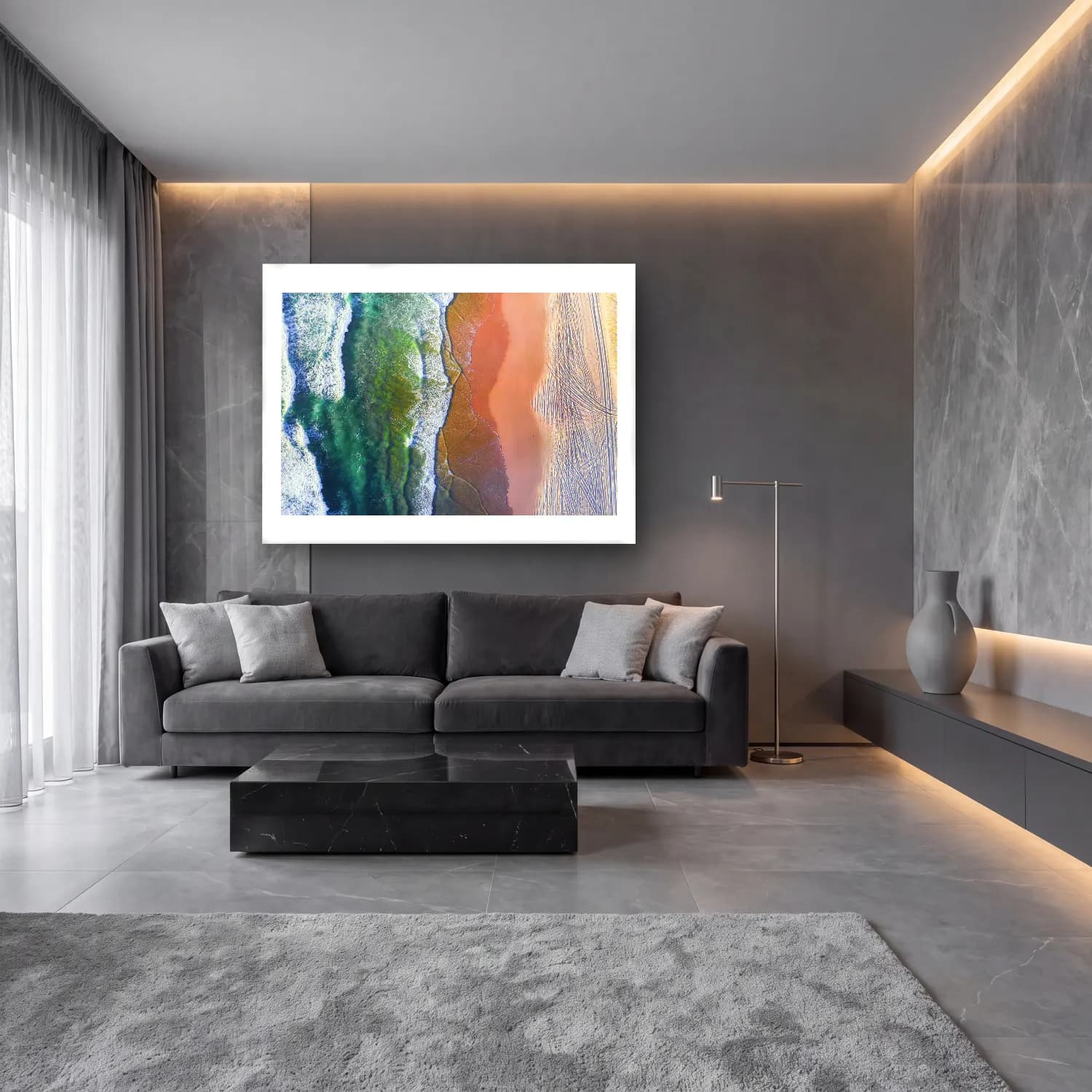 Pastel Dalgalı Sahil No. 33 cam tablo — lüks salon duvarında