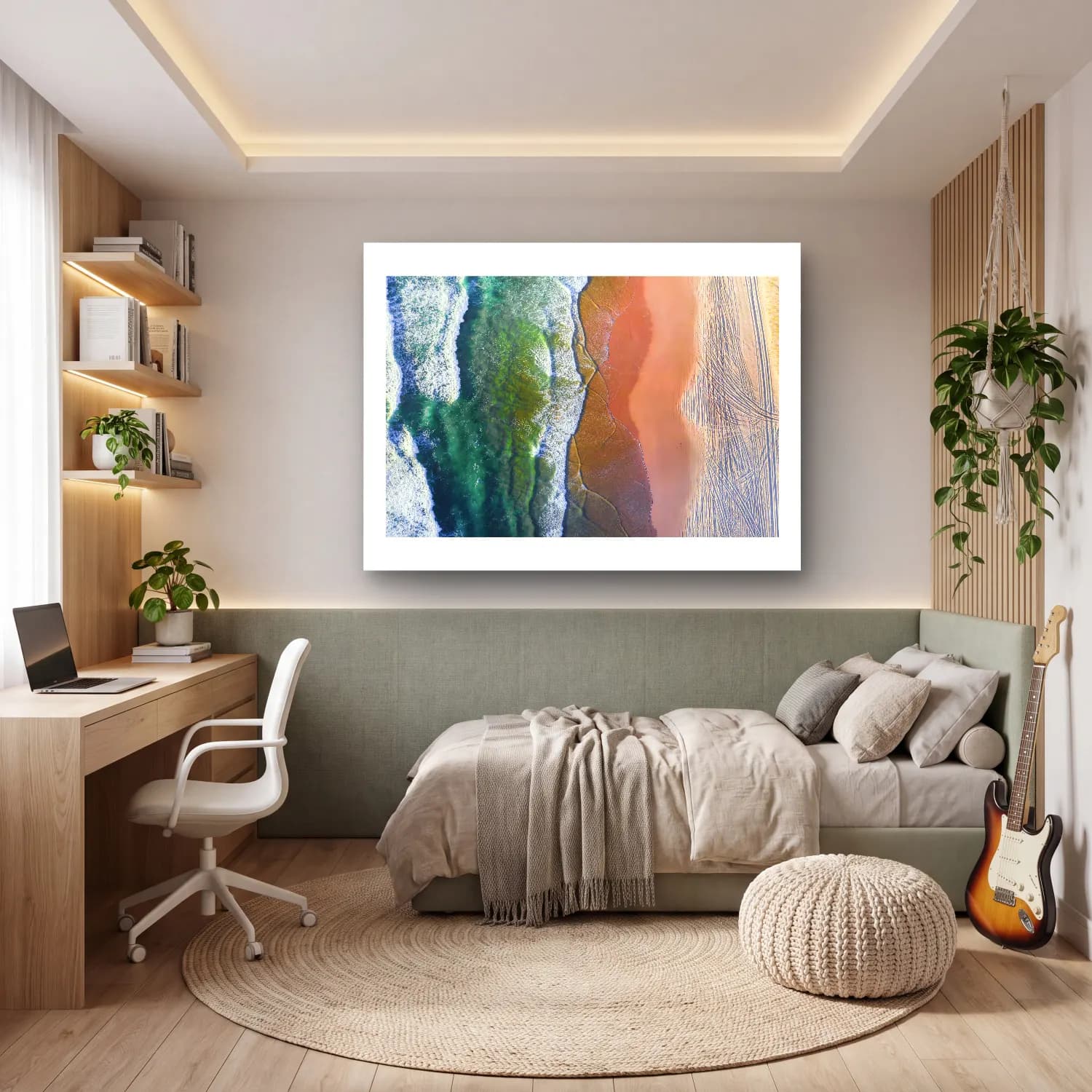 Pastel Dalgalı Sahil No. 33 cam tablo — genç odasında