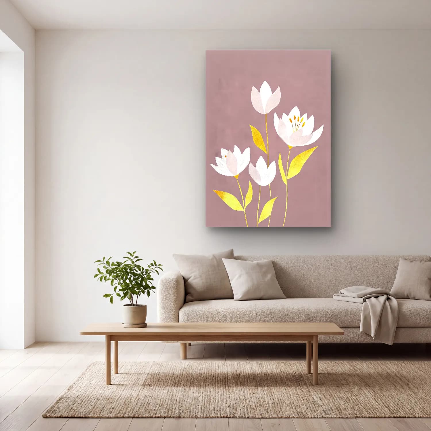 Pastel Lotus Çiçekleri cam tablo — açık renk salonda