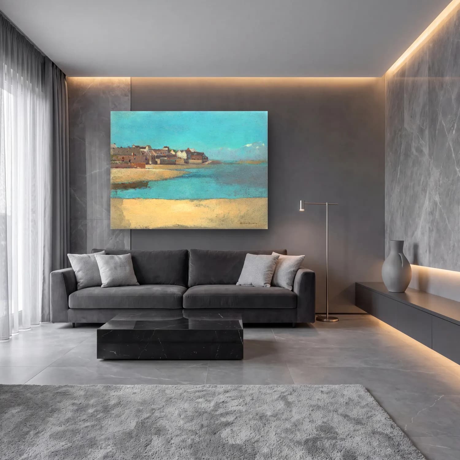 Odilon Redon – Village by the Sea in Brittany cam tablo — lüks salon duvarında