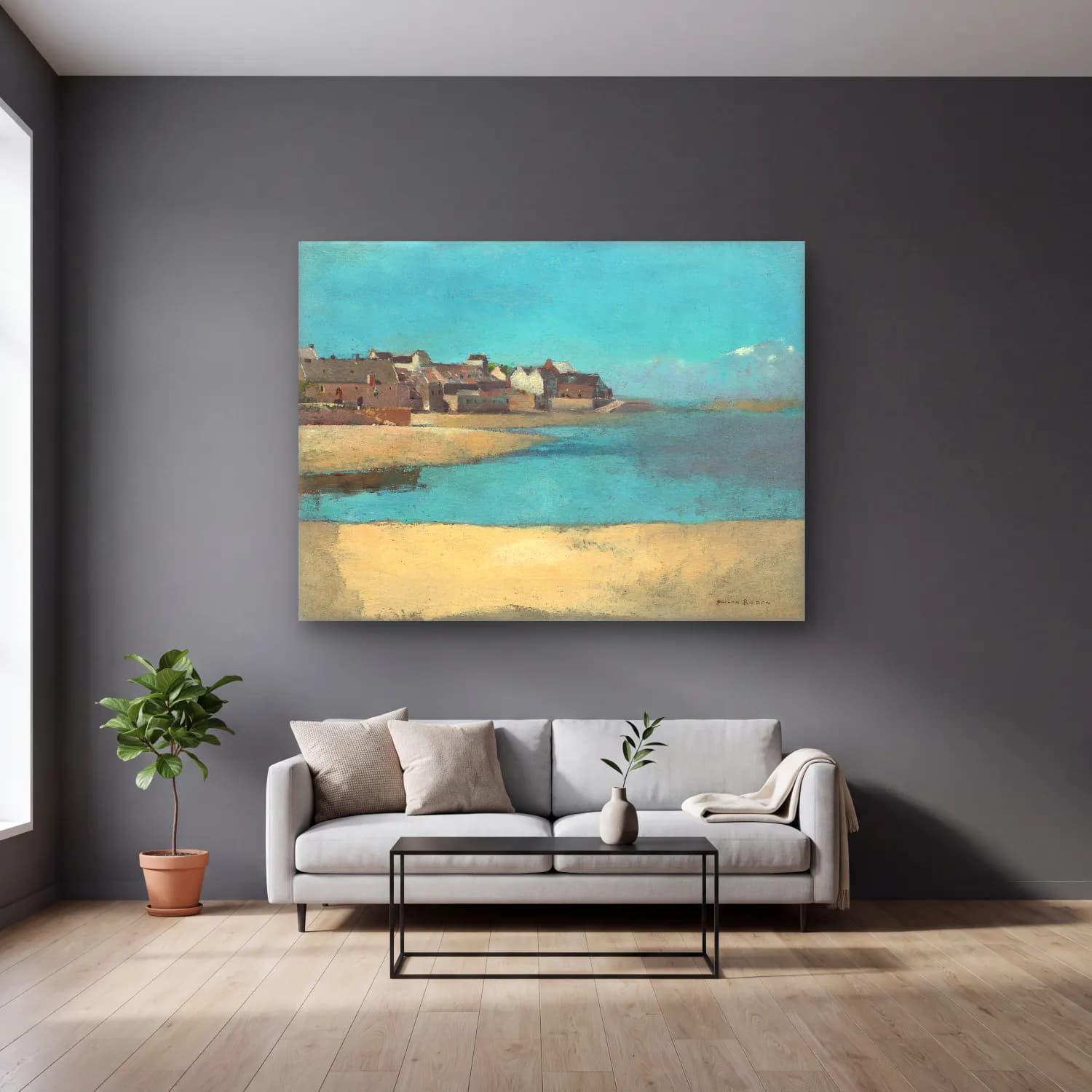 Odilon Redon – Village by the Sea in Brittany cam tablo — gri duvarlı salonda