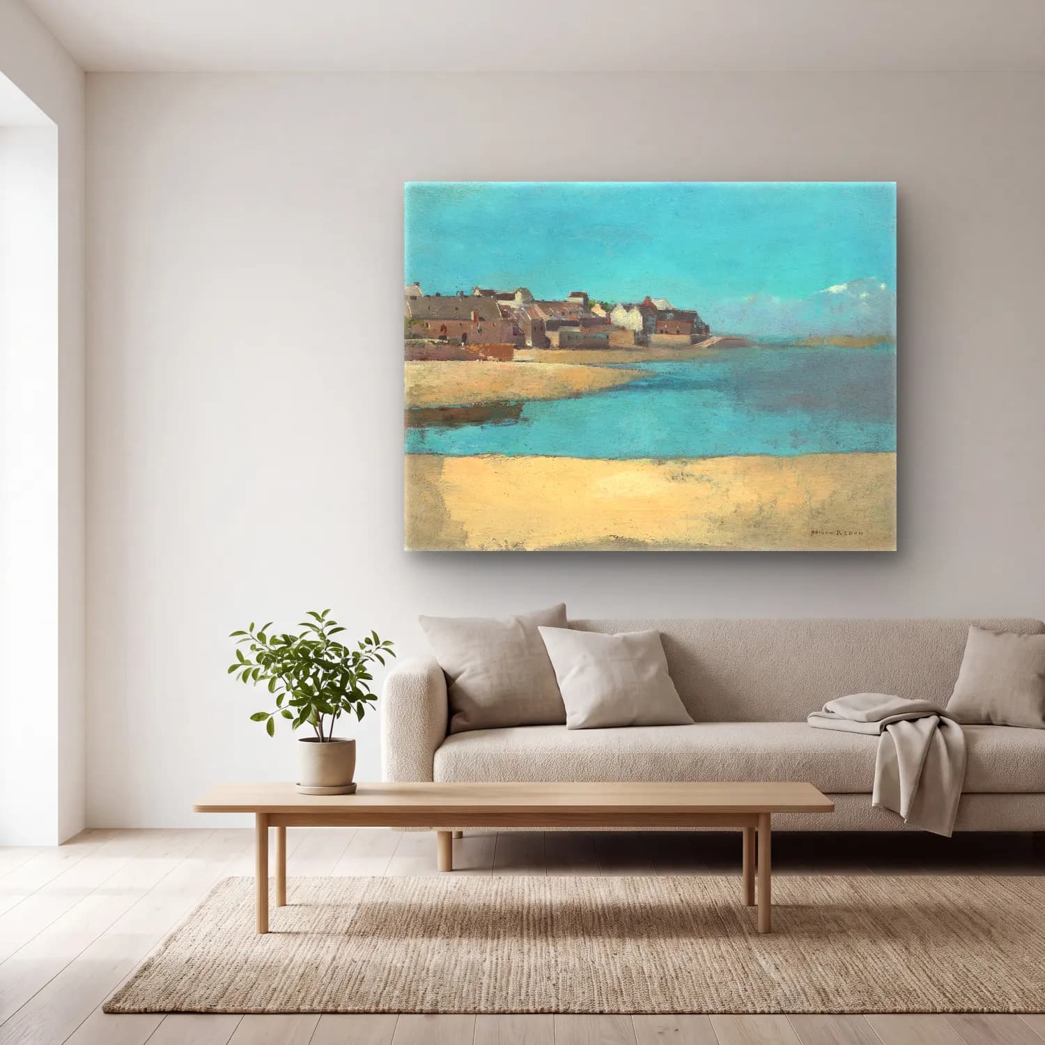 Odilon Redon – Village by the Sea in Brittany cam tablo — açık renk salonda