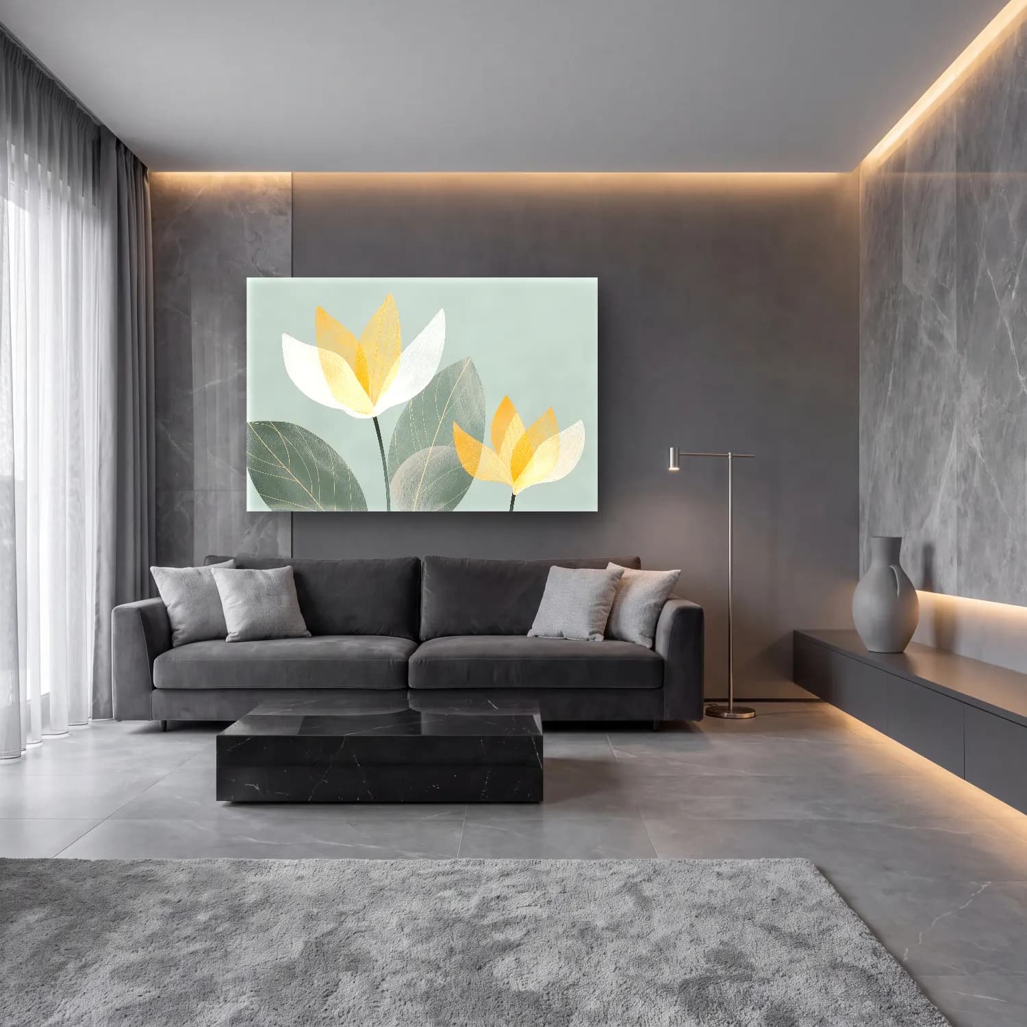 Pastel Lotus Çiçekleri – Sarı Tonlar cam tablo — lüks salon duvarında