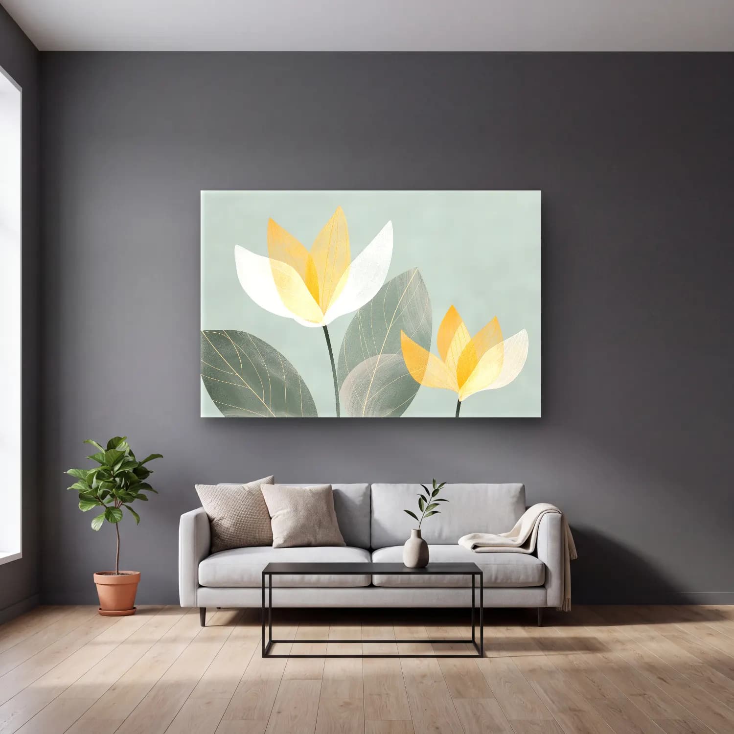 Pastel Lotus Çiçekleri – Sarı Tonlar cam tablo — gri duvarlı salonda