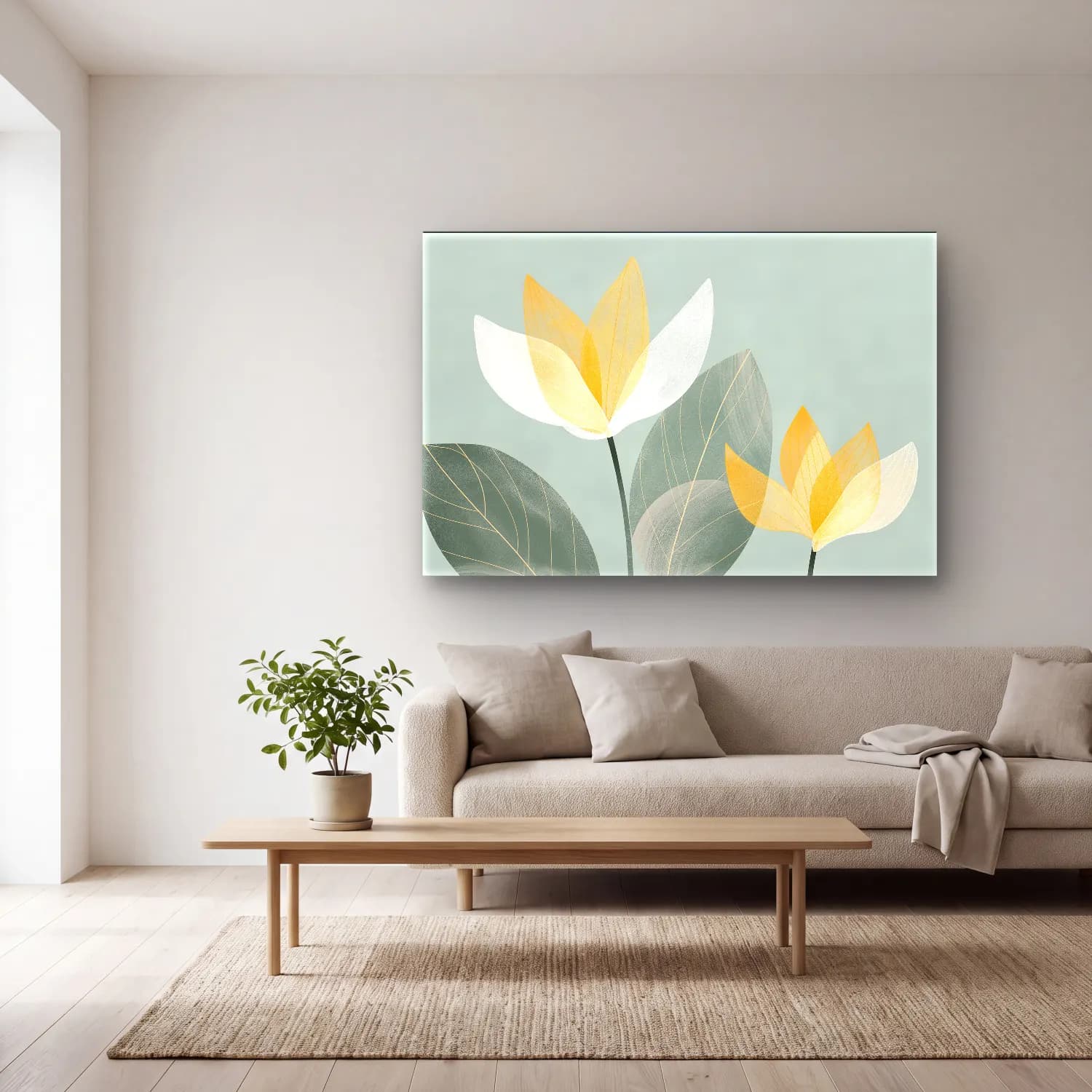 Pastel Lotus Çiçekleri – Sarı Tonlar cam tablo — açık renk salonda