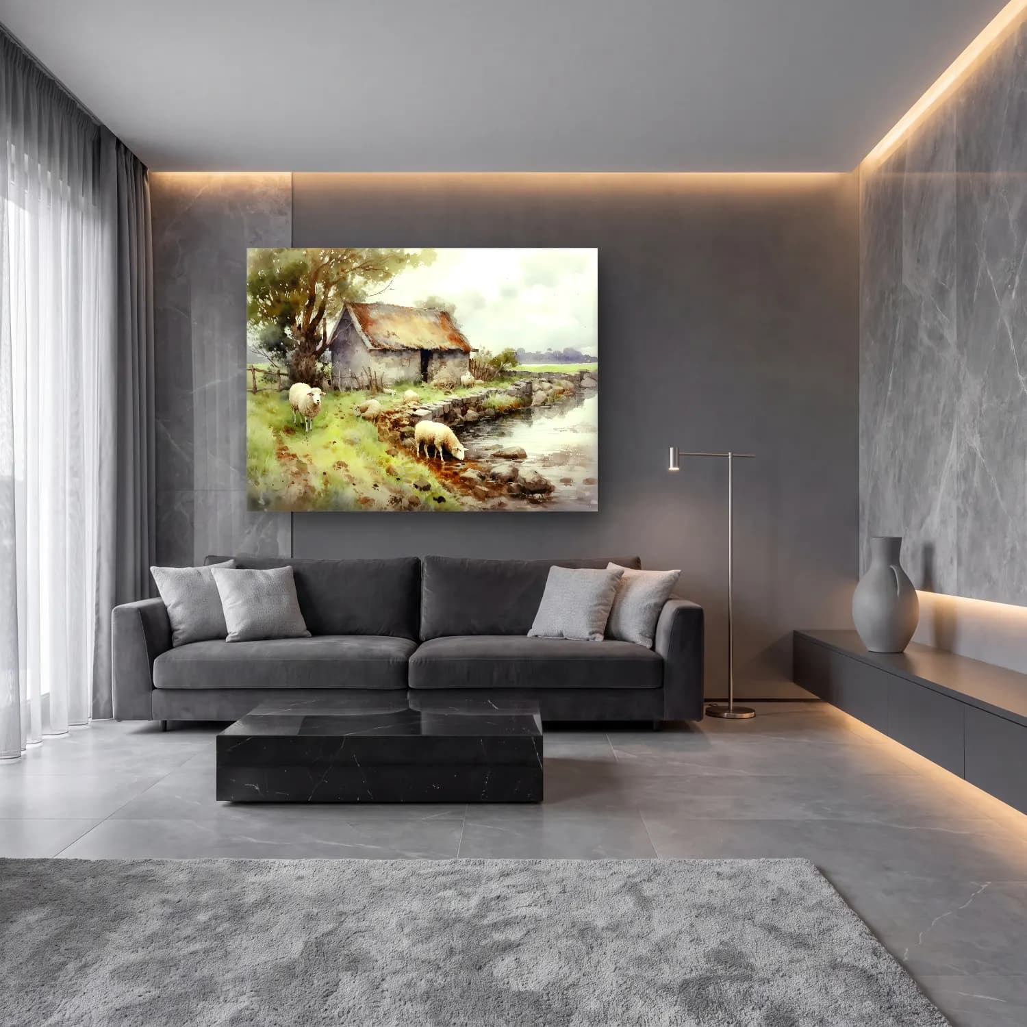 Suluboya Kır Evi No. 3 cam tablo — lüks salon duvarında