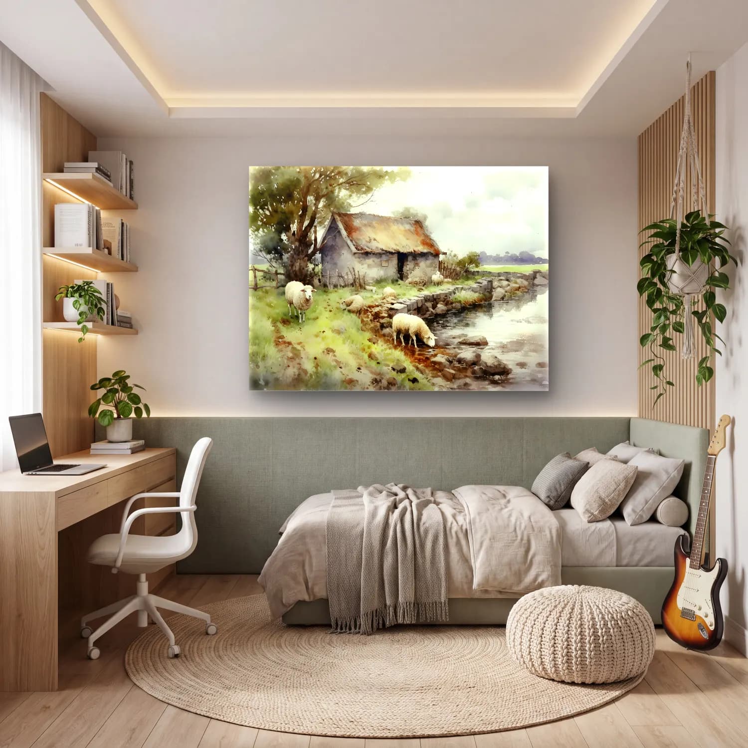 Suluboya Kır Evi No. 3 cam tablo — genç odasında