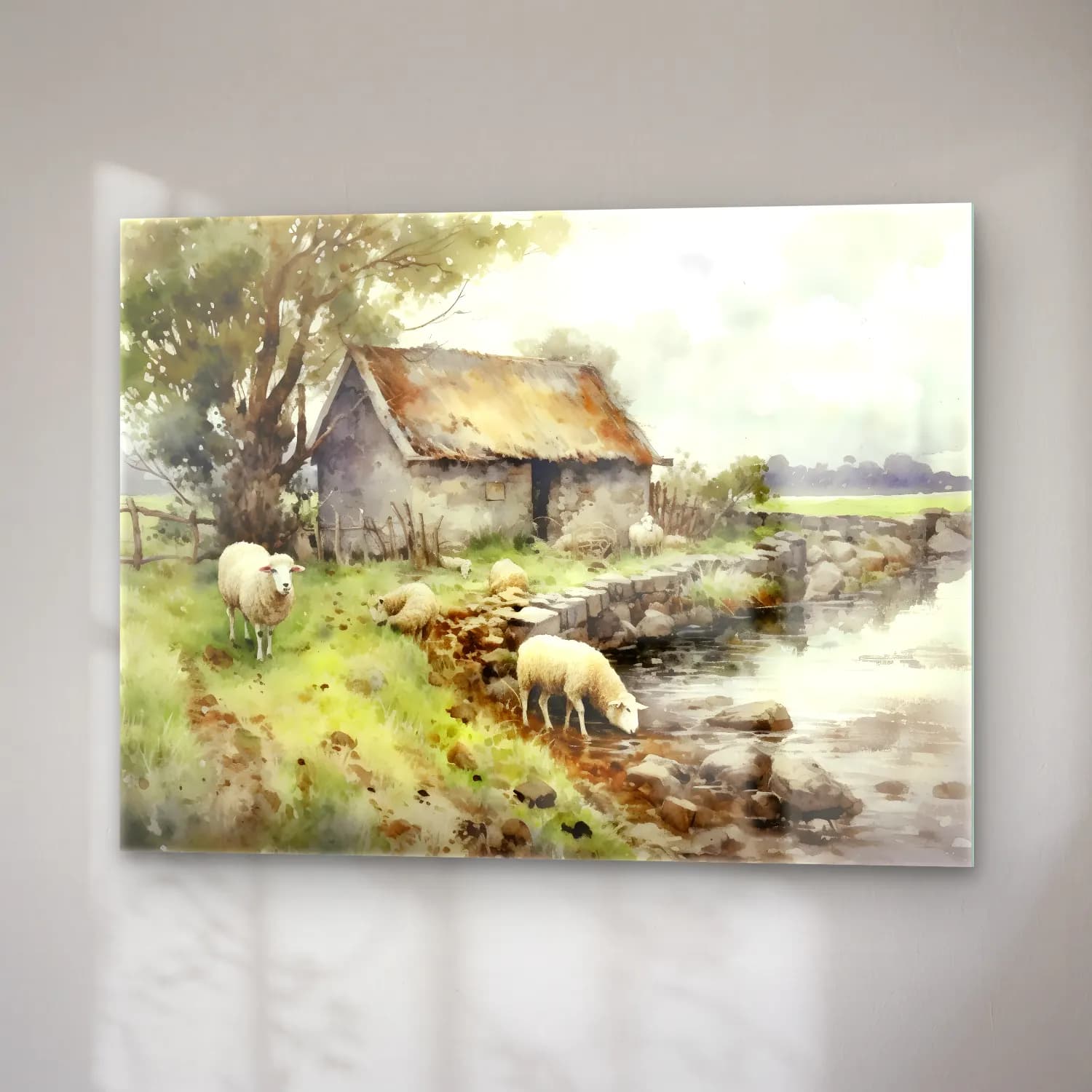 Suluboya Kır Evi No. 3 cam tablo — sağ açıdan görünüm