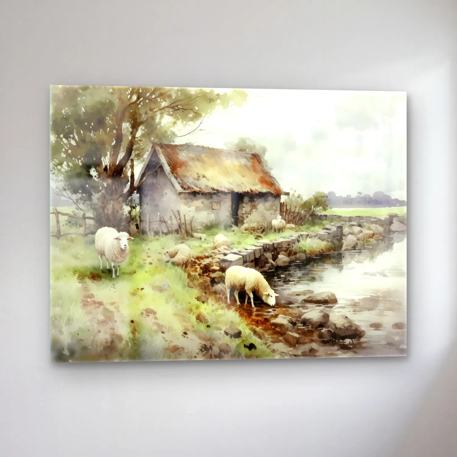 Suluboya Kır Evi No. 3 cam tablo — sol açıdan görünüm