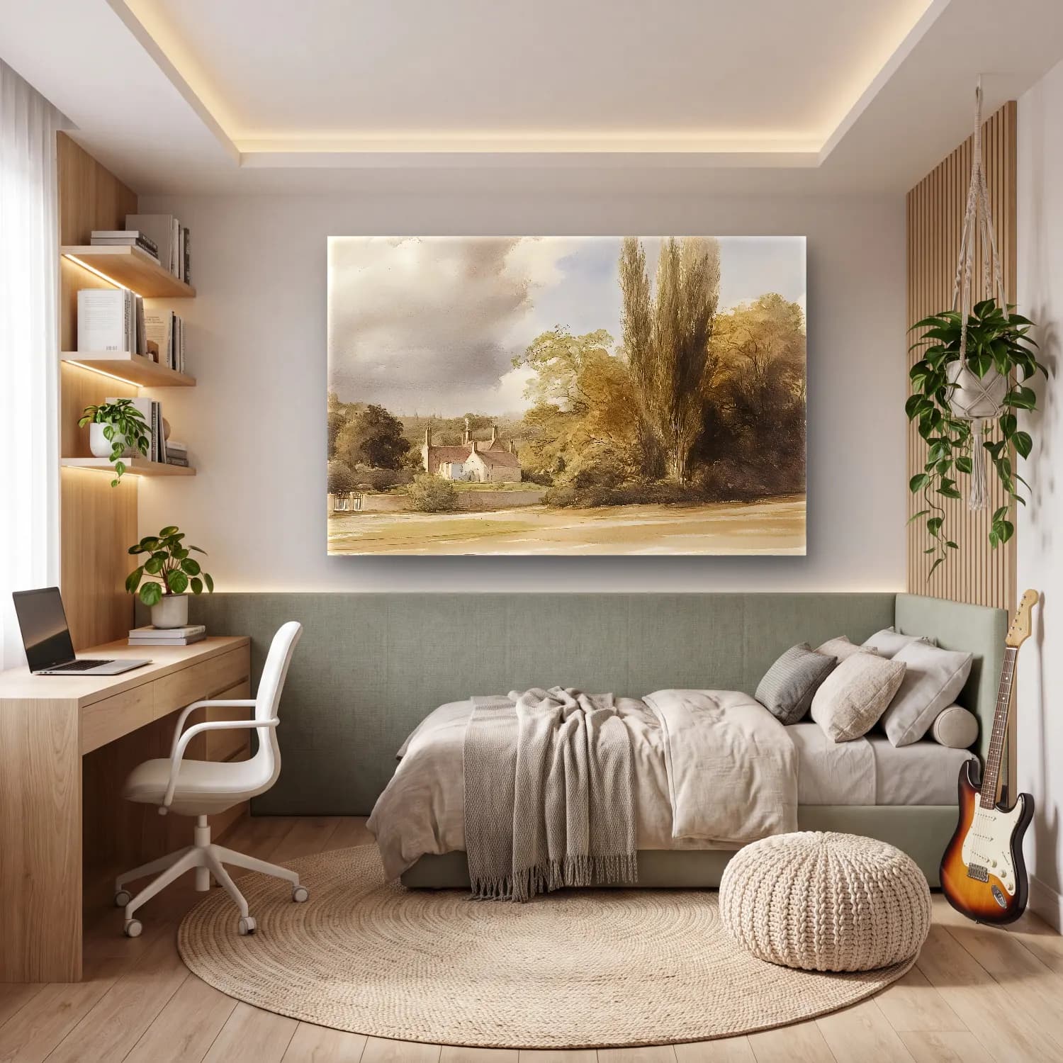 Suluboya Kır Evi No. 4 cam tablo — genç odasında