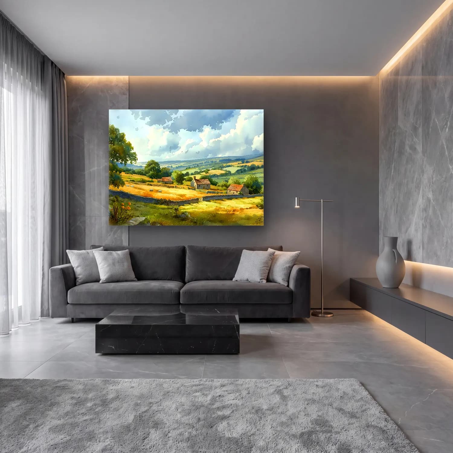 Suluboya Kır Evi No. 6 cam tablo — lüks salon duvarında