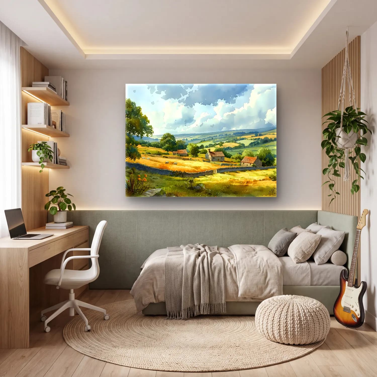 Suluboya Kır Evi No. 6 cam tablo — genç odasında