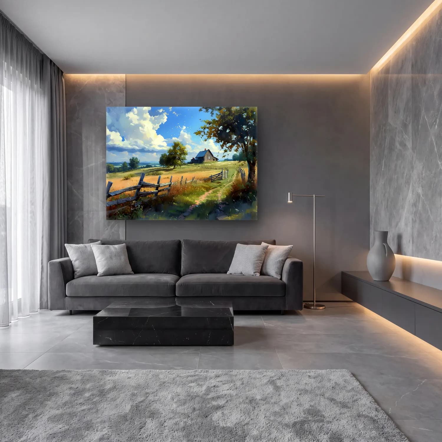 Suluboya Kır Evi – Siyah Beyaz Tonlar cam tablo — lüks salon duvarında