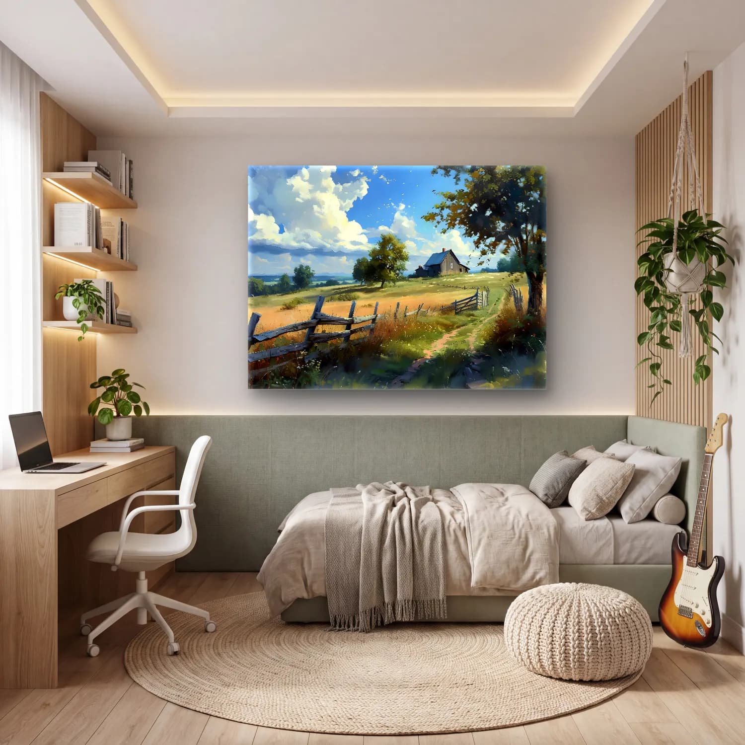 Suluboya Kır Evi – Siyah Beyaz Tonlar cam tablo — genç odasında