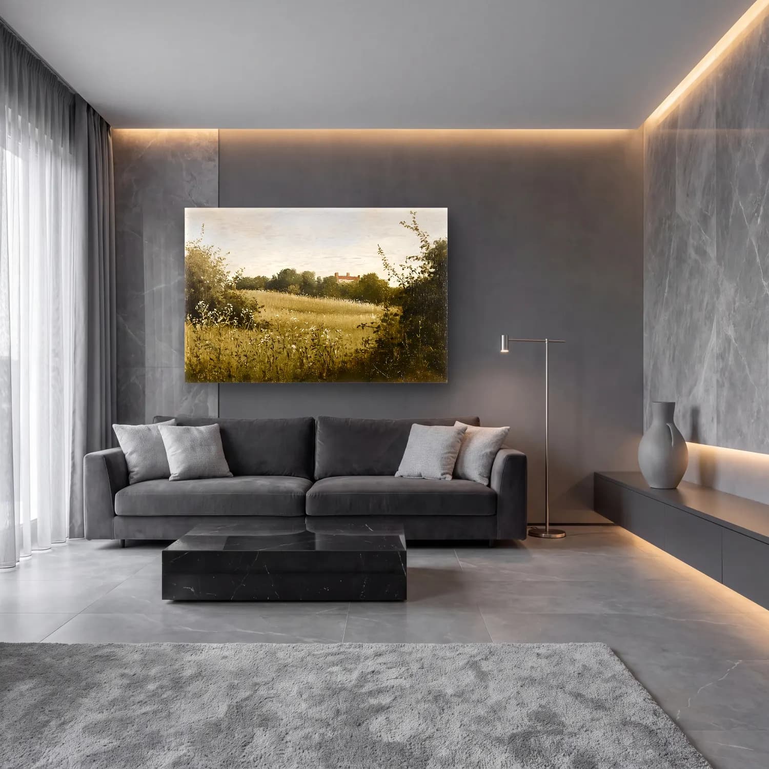 Yağlı Boya Kır Evi No. 16 cam tablo — lüks salon duvarında