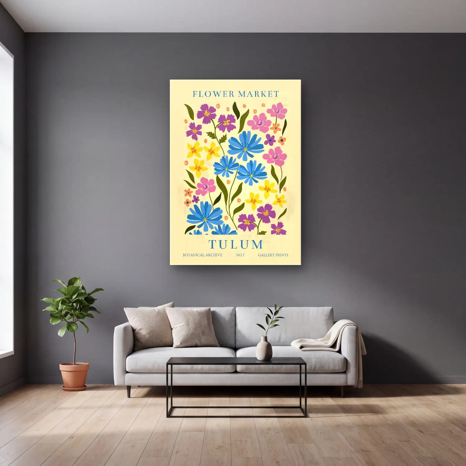 Pastel Çiçek Deseni No. 24 cam tablo — gri duvarlı salonda
