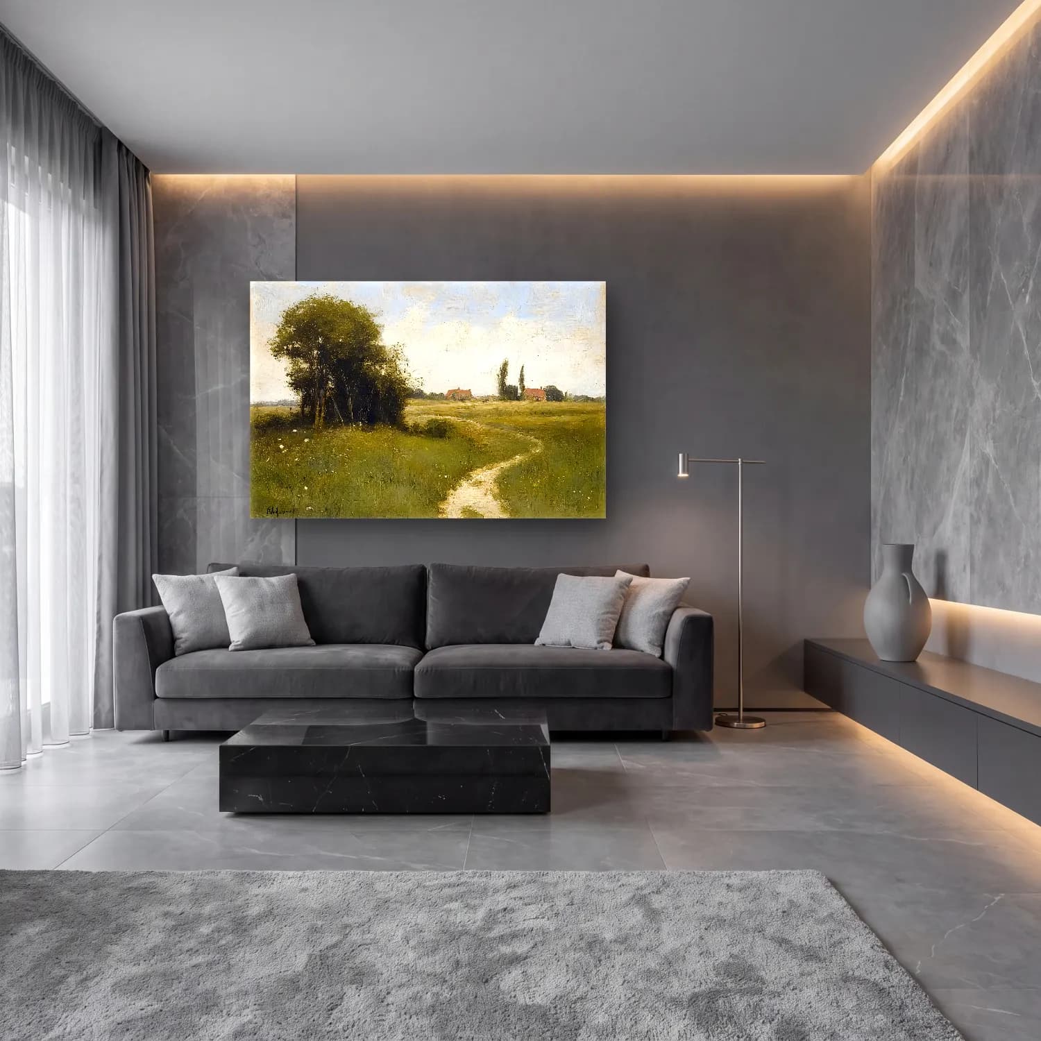 Yağlı Boya Kır Evi No. 24 cam tablo — lüks salon duvarında