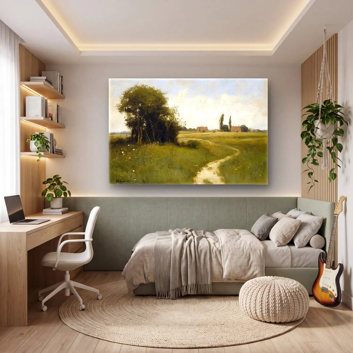 Yağlı Boya Kır Evi No. 24 cam tablo — genç odasında