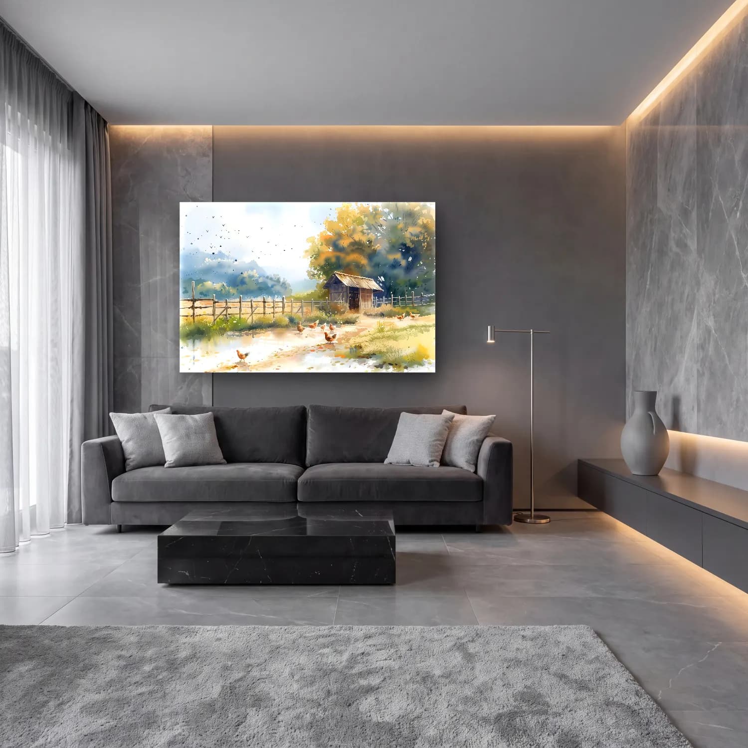 Suluboya Kır Evi No. 9 cam tablo — lüks salon duvarında