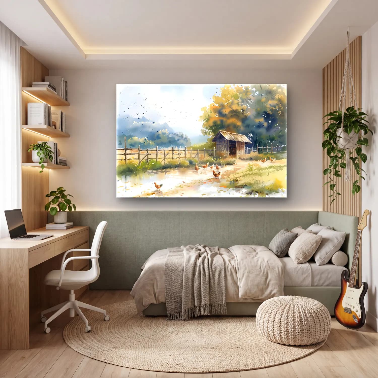 Suluboya Kır Evi No. 9 cam tablo — genç odasında