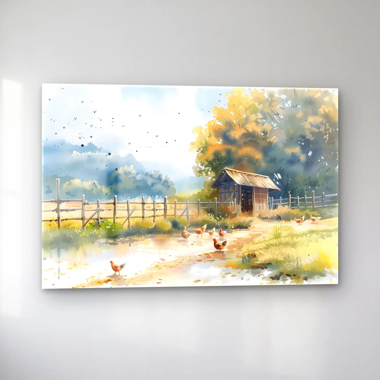 Suluboya Kır Evi No. 9 cam tablo — sol açıdan görünüm