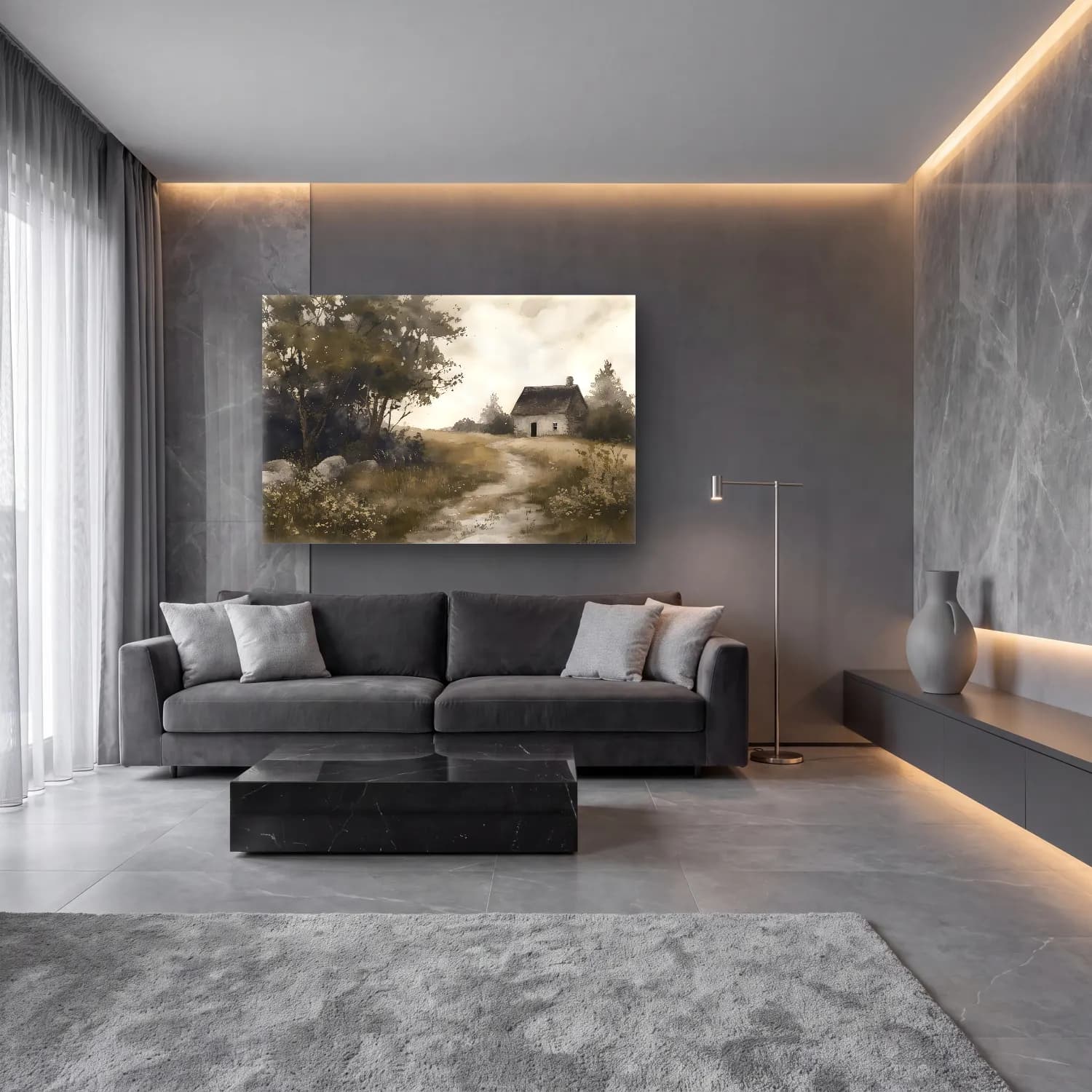 Suluboya Kır Evi No. 10 cam tablo — lüks salon duvarında