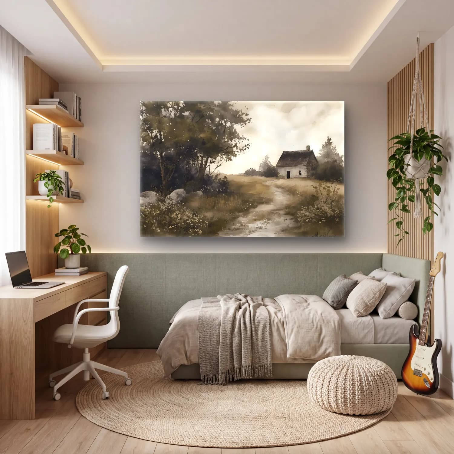 Suluboya Kır Evi No. 10 cam tablo — genç odasında
