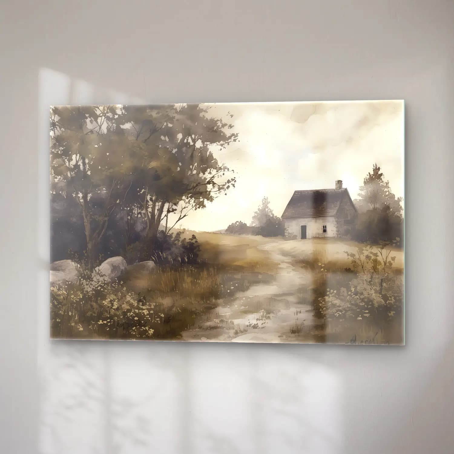 Suluboya Kır Evi No. 10 cam tablo — sağ açıdan görünüm