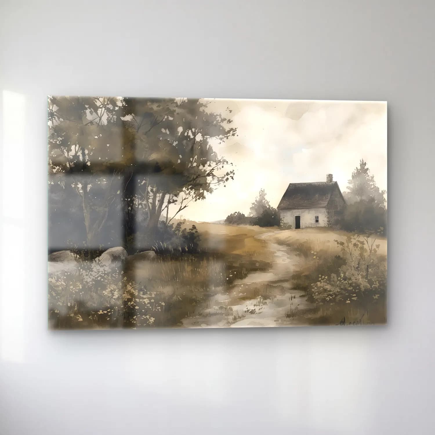 Suluboya Kır Evi No. 10 cam tablo — sol açıdan görünüm