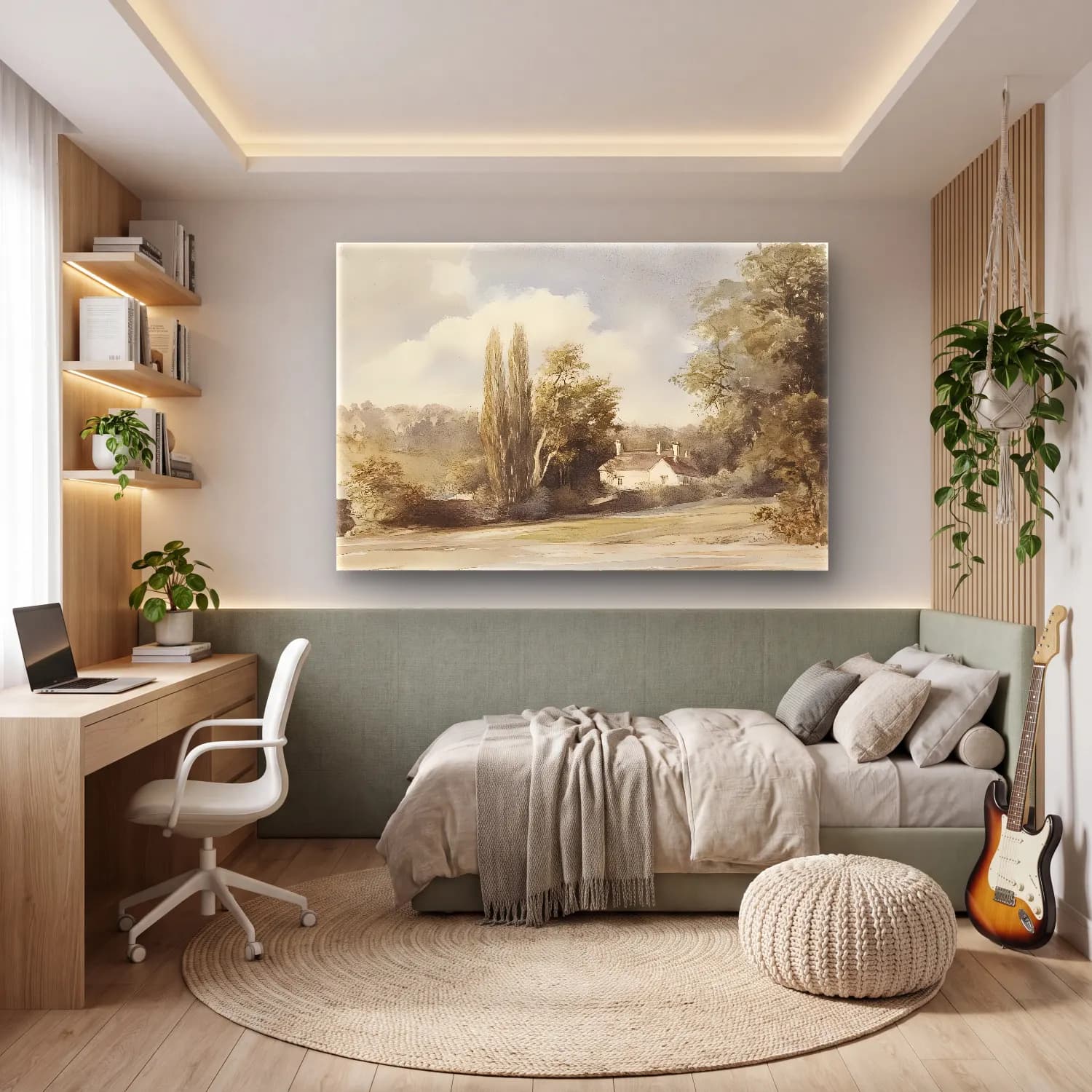Suluboya Kır Evi No. 11 cam tablo — genç odasında