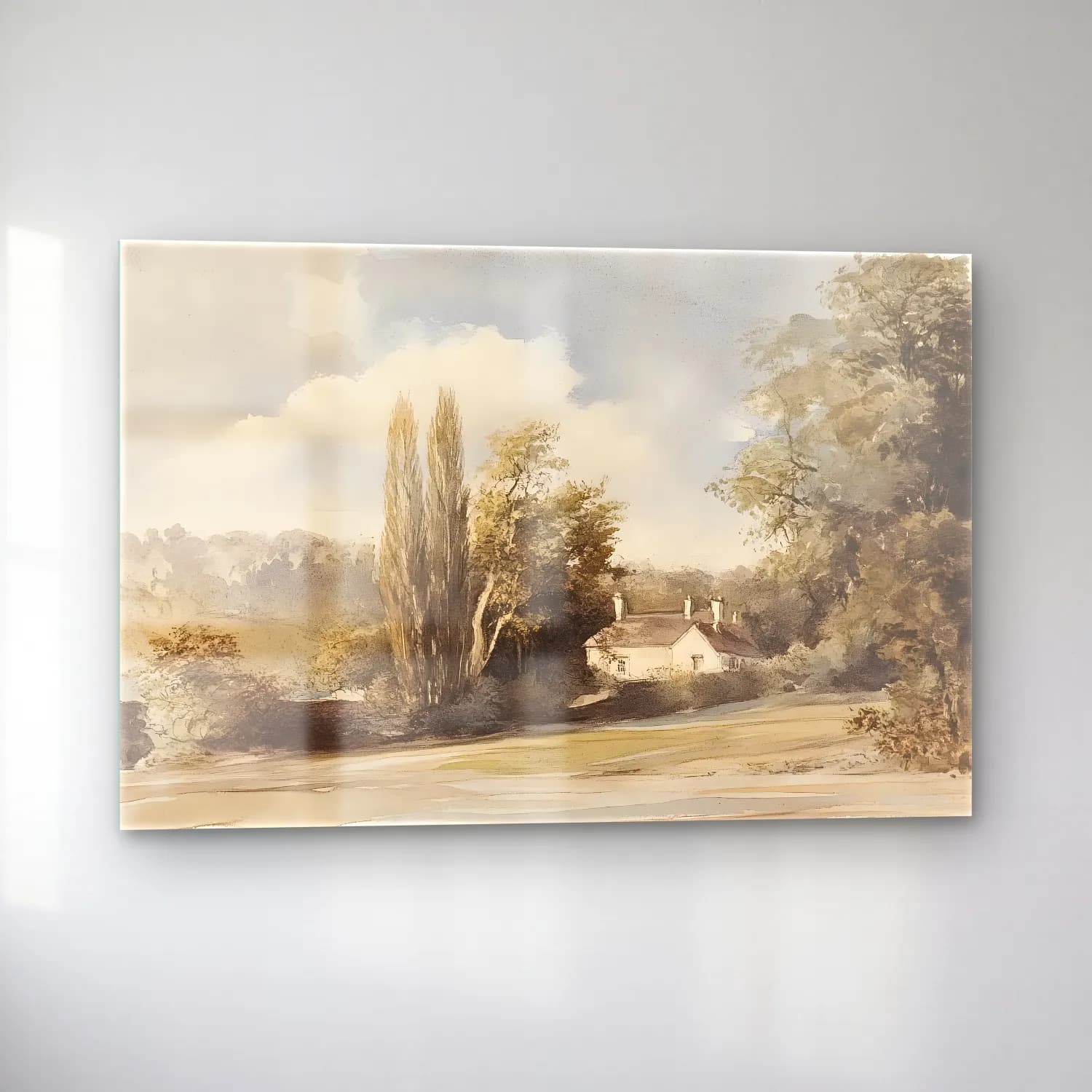 Suluboya Kır Evi No. 11 cam tablo — sol açıdan görünüm