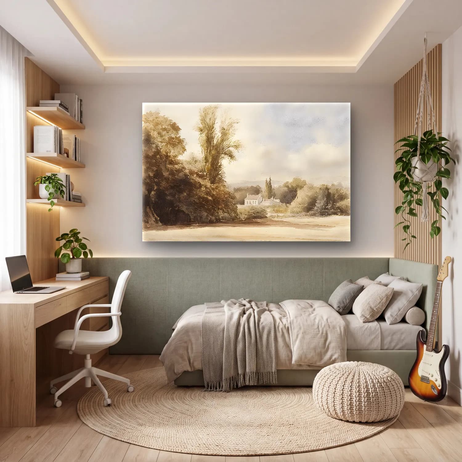 Suluboya Kır Evi No. 12 cam tablo — genç odasında
