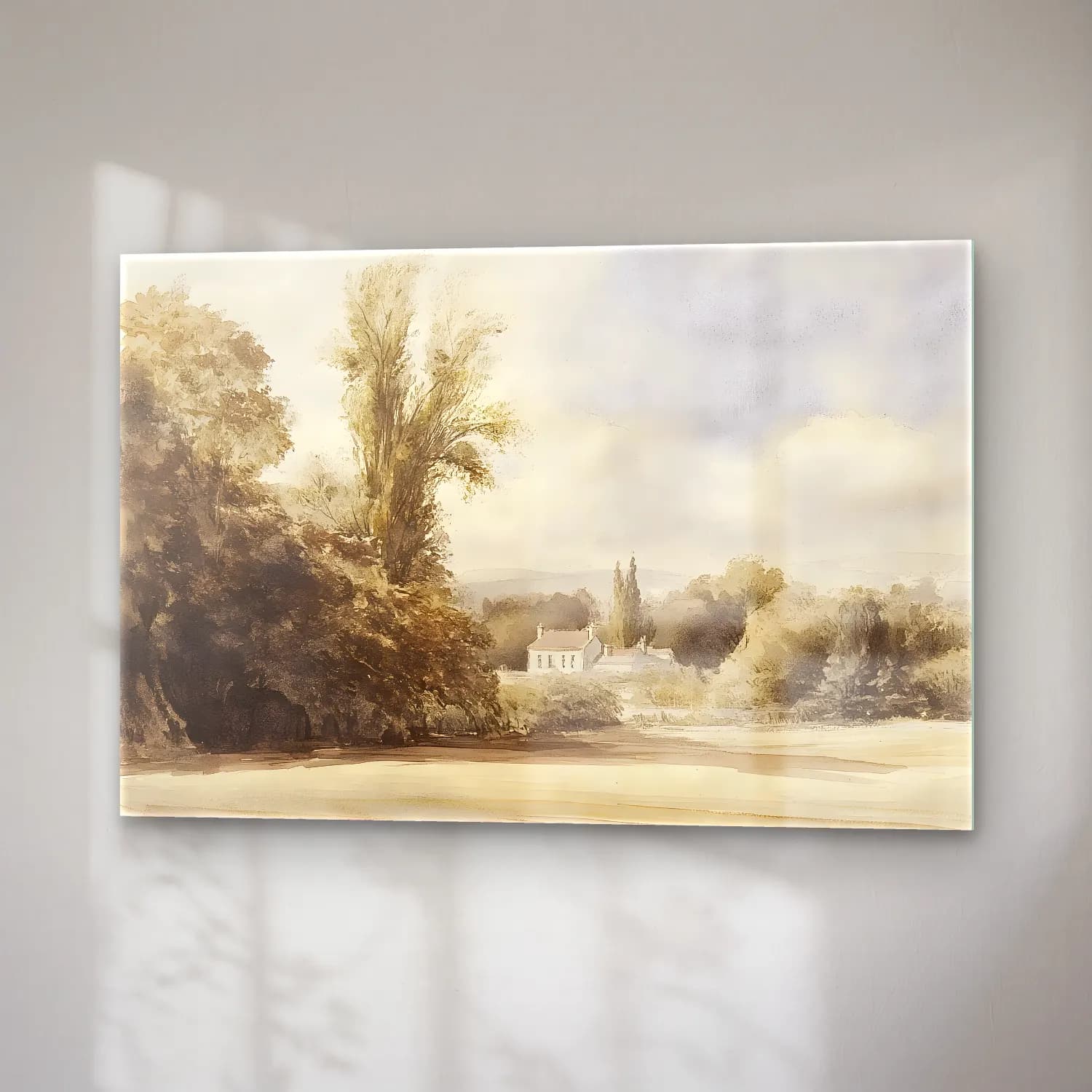 Suluboya Kır Evi No. 12 cam tablo — sağ açıdan görünüm