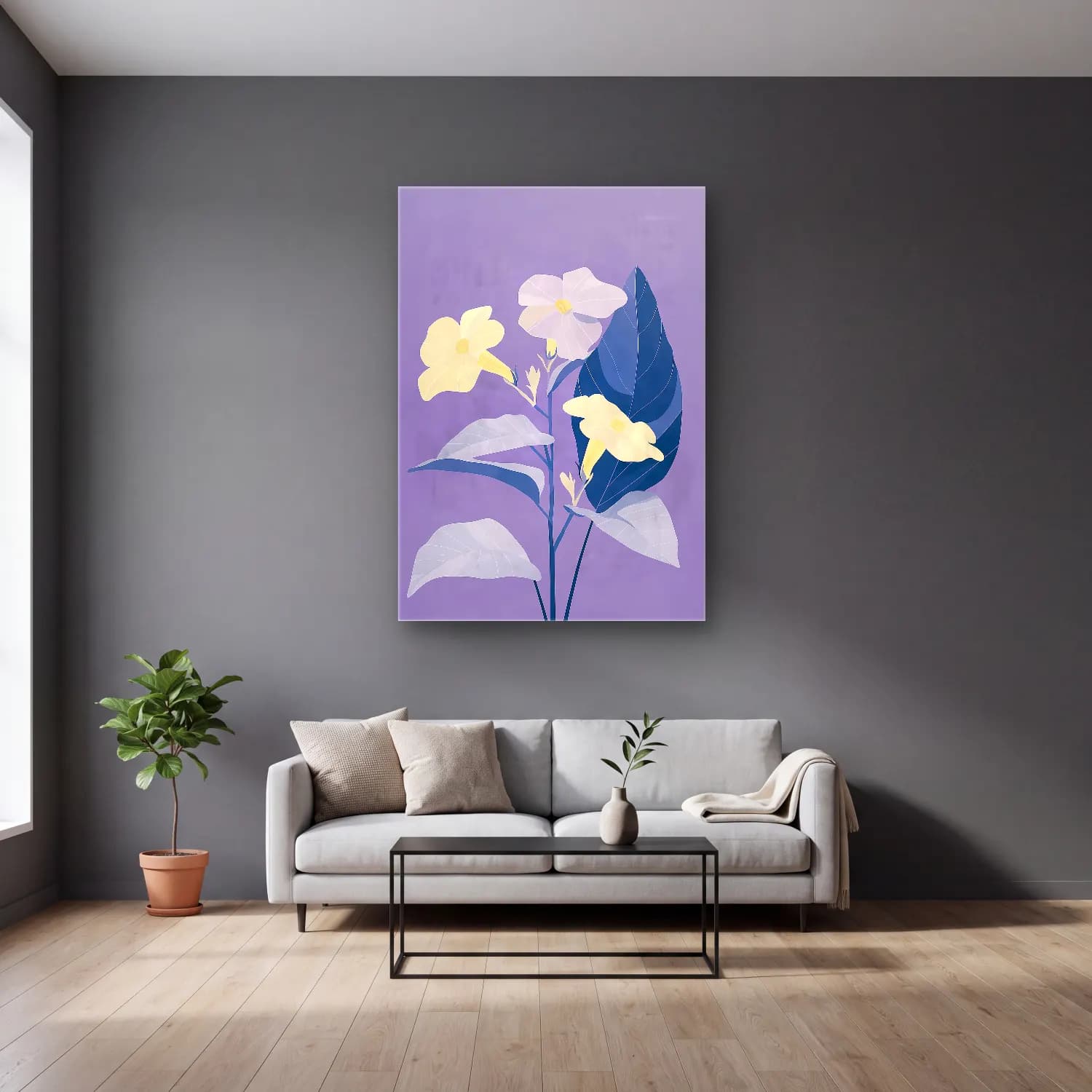 Pastel Çiçek Deseni No. 25 cam tablo — gri duvarlı salonda